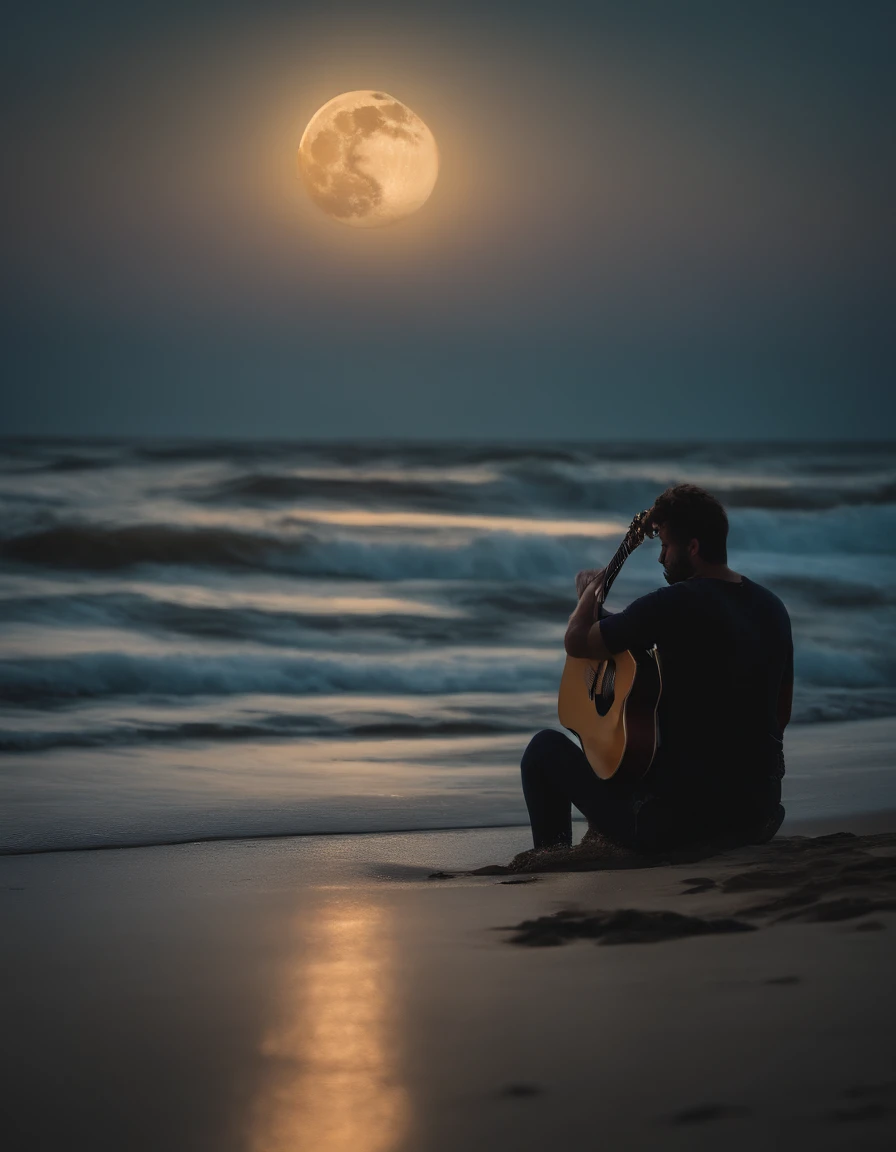 (best quality,4k,8k,highres,masterpiece:1.2),ultra-detailed,(realistic,photorealistic,photo-realistic:1.37),triste house sitting on the sandy beach, with a sad expression, playing the guitar, a gigantic moon in the background of the image, soft light, dramatic atmosphere, melancholic vibes, soothing melody, gentle waves crashing on the shore, tranquil evening, a single seagull flying by, distant sound of seashells, faded colors, vintage vibes, nostalgic longing, deserted beach, endless horizon, a hint of mist in the air, a feeling of solitude and reflection, whispers of the ocean breeze, soft sands sinking under the weight of thoughts, a sense of longing and melancholy, the bittersweet embrace of solitude and the vastness of nature, ethereal and dreamlike quality, a painting brought to life, the beauty and sadness of a fleeting moment, the nights spent lost in music, the magic of the moonlit sky, the gentle caress of the sea, a captivating scenery that draws the viewer into a world of emotions.