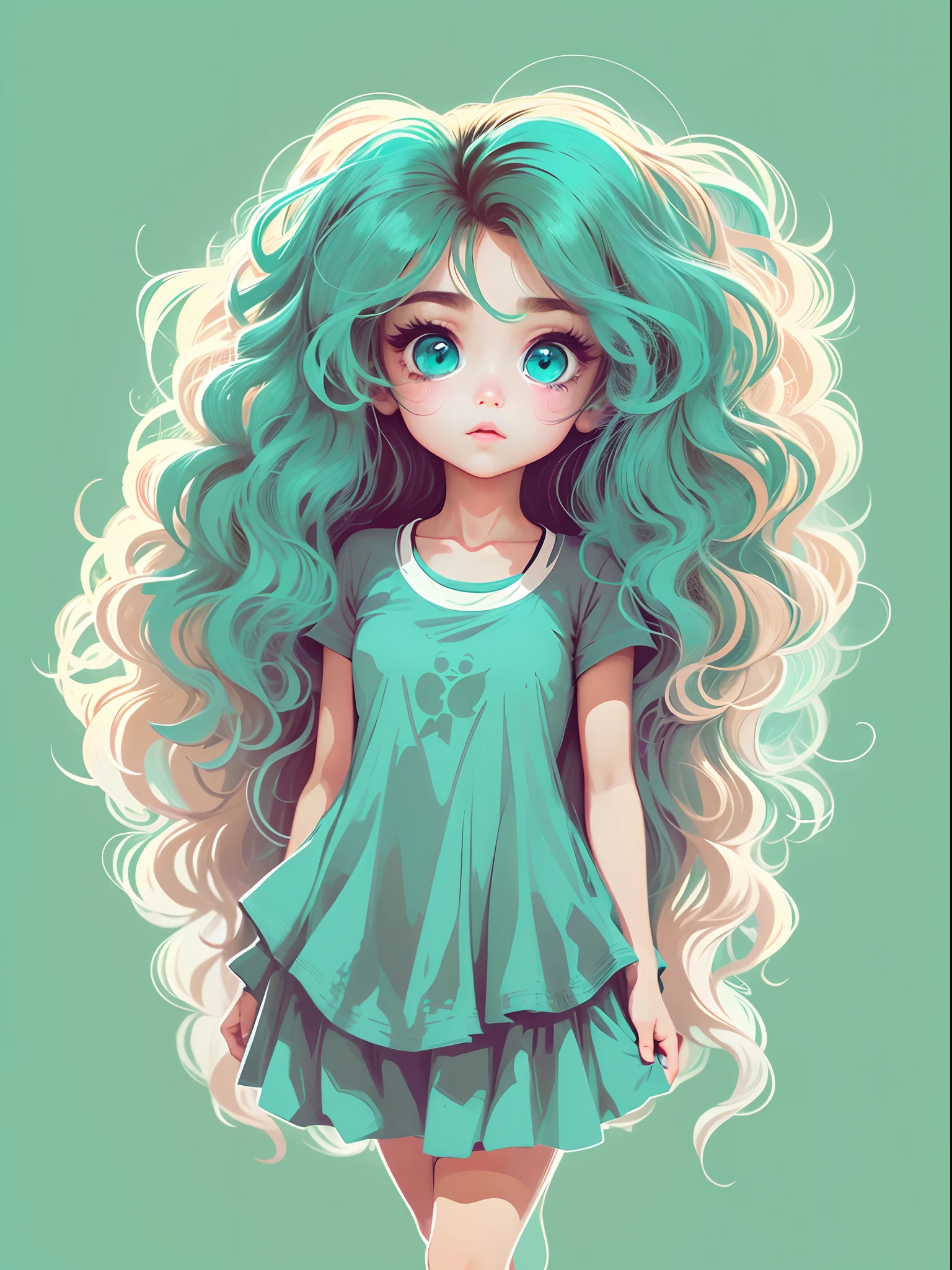High quality design vector style image, T-shirt print style, Cute little girl s。Huge long hair。curlies。Large turquoise colored eyes。 Vector image.