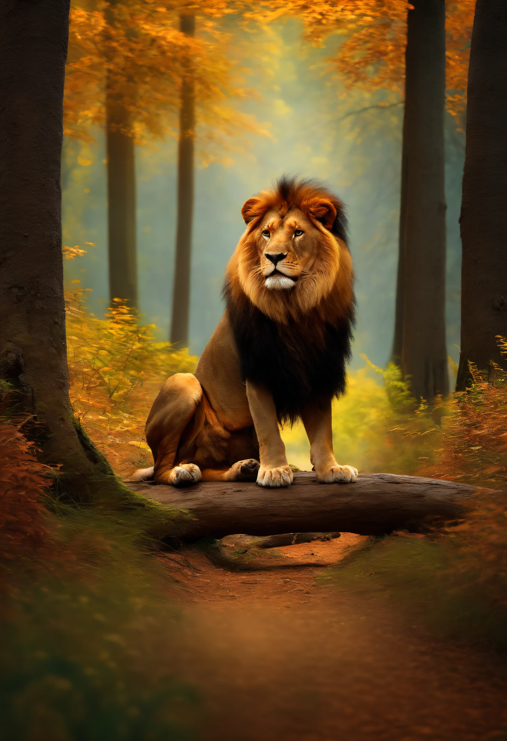Imagine a scene where, un beau jour,, le lion rencontre un chiens dans la foret