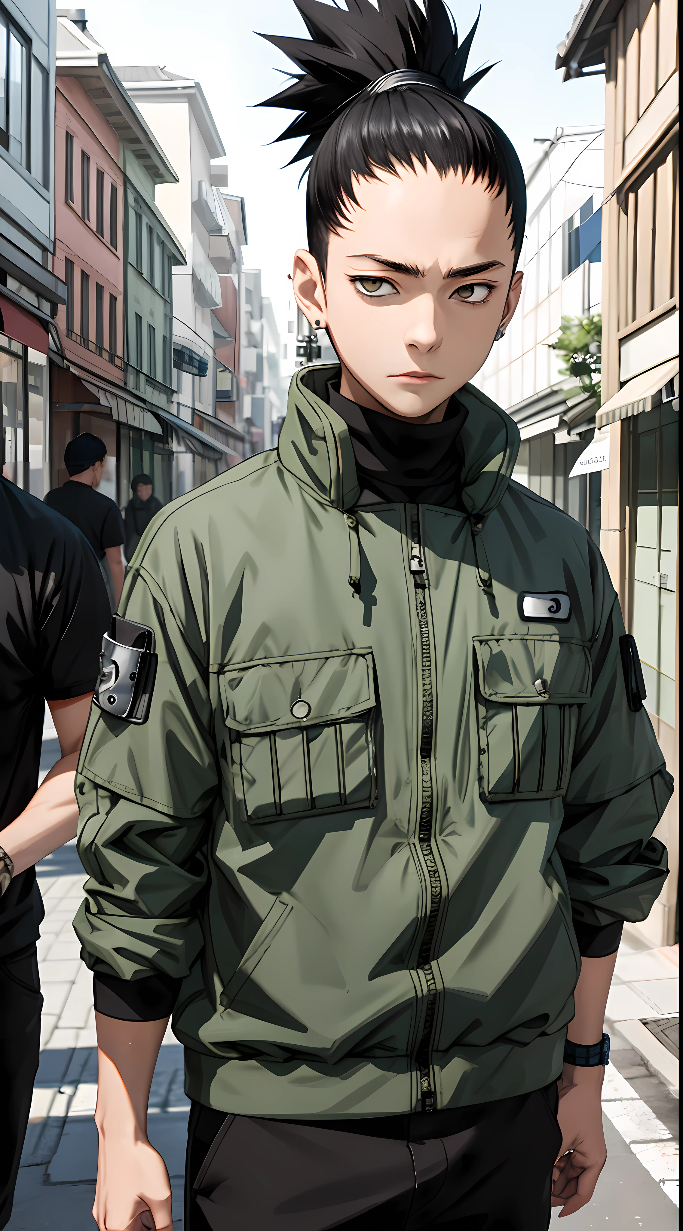 Masterpiece, 1boy, Superb Style, Urban Streetwear chothes, Outdoor, Upper Body, Shikamaru nara, bright eyes, black hair, cool boy