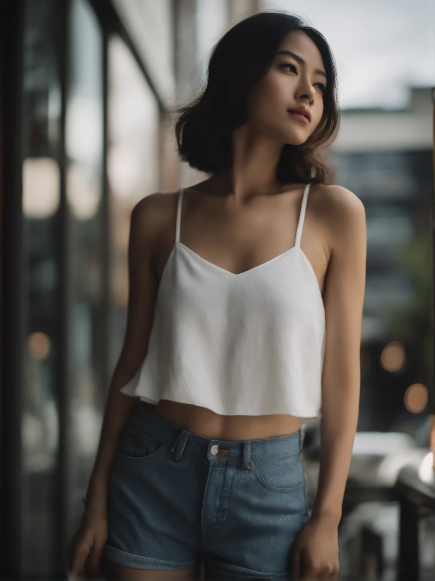 ((Top image quality))、One Girl、modeled、light skinned、B Cup、White tank top、Denim shorts、I'm doing pieces、Angle of view as if looking up from below、natta、Shibuya
