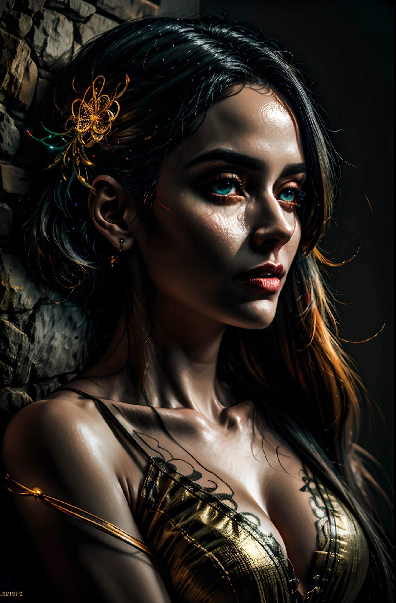 mulher negra,[rainha_tatuagem], vivid colors, Atmospheric,sorrir, elegante, Borboletas, flores florescendo, em movimento,Detailed medieval gothic portrait of cyberpunk style, futurista (Neon light: 1.1) Desgaste reflexivo, scientific fiction, Robot Parts, Gold Parts, Face of the Cinematic Light Machine, reflexos, polido ef 50mm, ((arte por Greg Rutkowsky)), (ghibli studio :1.1), Artgern, arte, illustration, ((Ambiente escuro)), ((Vegnette)), ((HDR)) ((Minimum palette colors)), tons suaves, cores suaves, cores escuras, calmas, cores pastel altamente detalhes, dramatic and intricate details, corpo inteiro,PlayStation 5 graphics,rosto detalhado,Realistic texture, organic composition,Detalhador Furtástico,Foto bruta 8K, perfecteyes, realistic