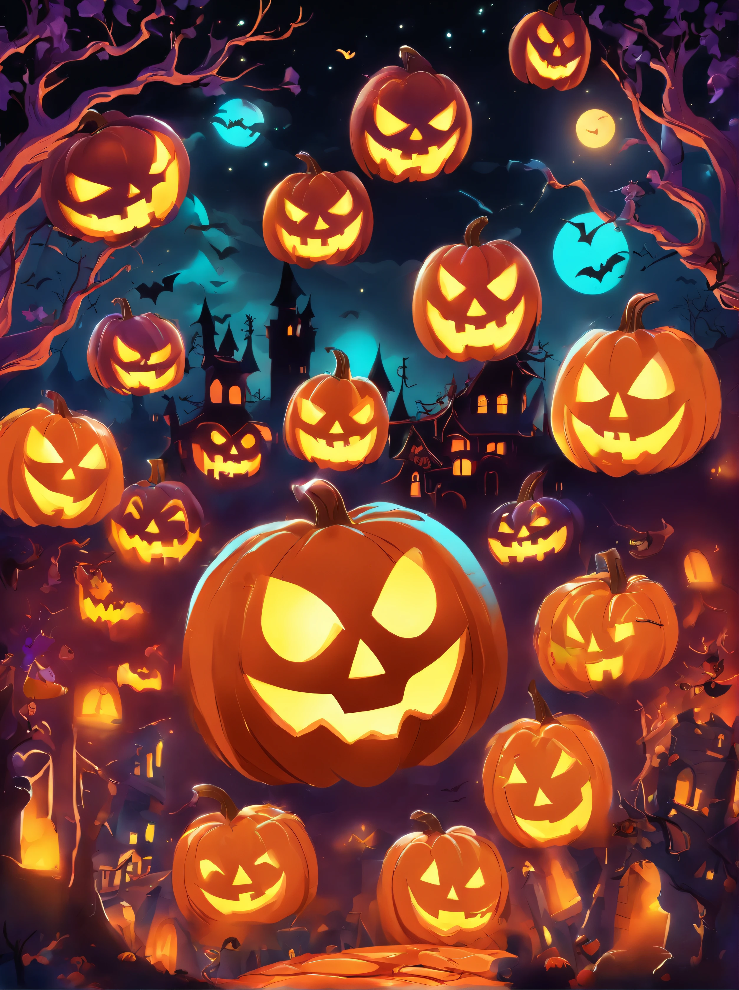 Create an engaging and captivating cover design for a Halloween-themed coloring book targeted at kids. The design should be in a cute and whimsical cartoon style, featuring iconic Halloween elements like pumpkins, bats, ghosts, witches, and black cats. The page size should be 85:110
The key focus should be on a cheerful and friendly Halloween scene that radiates positivity and excitement. Ensure that the colors are luminous,  vibrant and eye-catching, giving the cover a luminous and joyful feel. The goal is to make it visually appealing to kids and convey the fun and playful spirit of Halloween. 

Ensure that the entire design is filled with luminous colors and avoids any gray or shading, maintaining a consistent cartoon style throughout the cover.  digital art , trending artstation, 4k, high detail. No text.