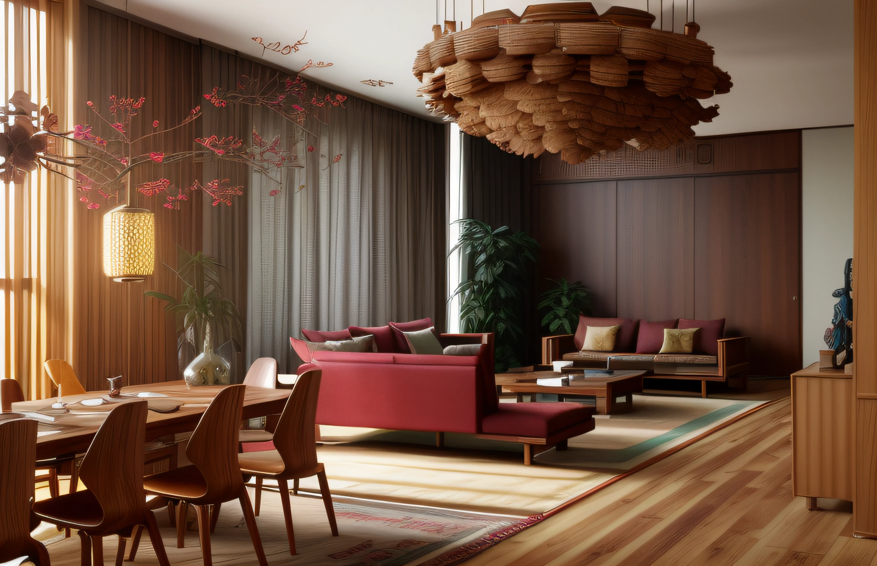Interior design、Crazy detailed wide-angle building photos、cozy contemporary living room、(Bright warm sunshine 1:0.1)、award-winning contemporary interior design、Red mahogany wood color、DL、a chair、in a house、wooden floor、east asian east asian architecture, lamp lights、buliding、(walnut grain:0.8)、interior design、Insert lights and shadows、depth of fields、low illuminance, led lighting walnut_furniture , flower, food, day, indoors, bag, cup, pillow, book, no_humans, window, bed, fruit, chair, table, sunlight, bottle, curtains, box, scenery, couch, wooden_floor, realistic, door, clock, cushion, shelf, vase, statue, painting_(object), still_life, carpet, picture_(object), rug, reflective_floor