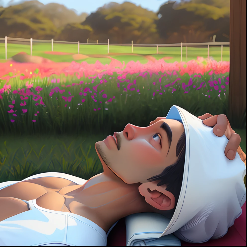 Um homem de costas fazendo massagem em mulha mulher deitada, observando um campo com flores ao estilo realista.