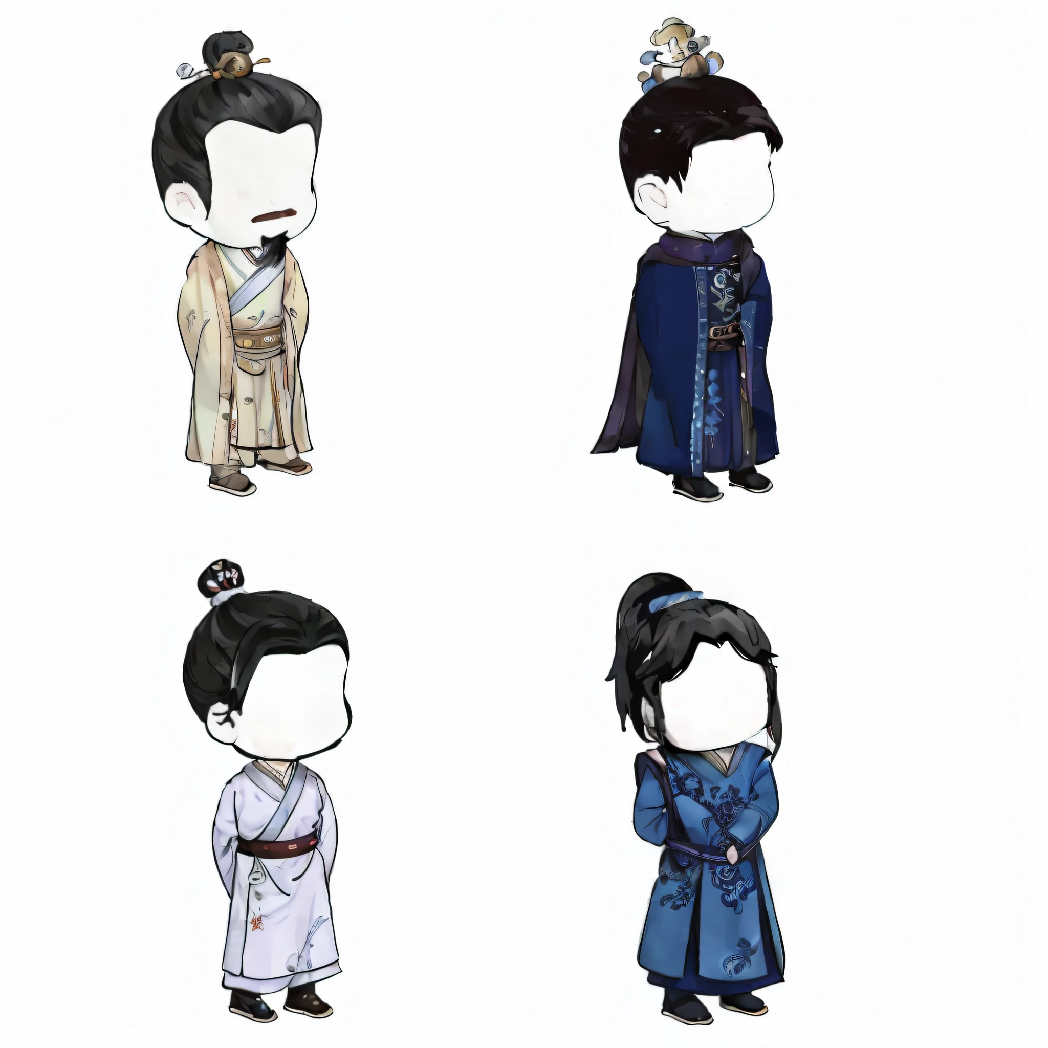 Four cartoon characters from Asians in traditional costumes, each wearing correct era clothes, lunar themed attire, chibiStyle, clothing design, Diverse outfits, Wearing ancient Chinese clothes, Traditional Chinese clothing, Chinese costume, inspired by Han Gan, costume desig, inspired by Zhu Derun, Detailed characters, diverse outfits, high quality character design, inspired by Fan Kuan
