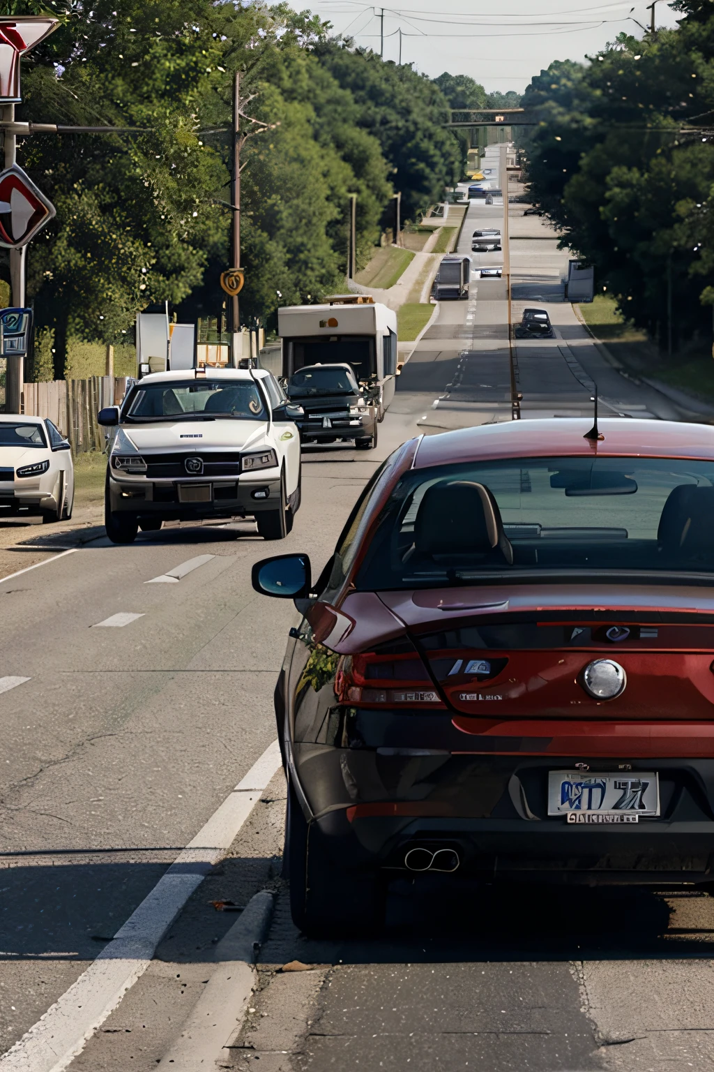 Create a humorous illustration depicting a surreal situation on the road in Alabama. Imagine a driver sitting behind the wheel of a car, wearing an eyeband in an absurd way. The scene should show the driver's confusion, other motorists looking on in disbelief, and maybe even police officers getting closer to the situation. Make sure the illustration captures the strangeness and insecurity of the situation due to Alabama law