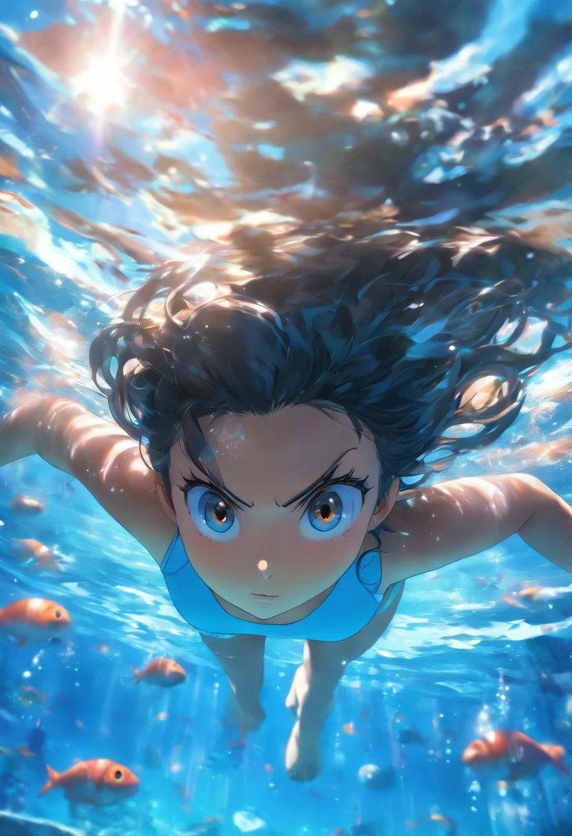 foreshortening, Depth of field, Masterpiece, Best quality, 1girll, Black hair, White eyes, Long hair, Underwater, airbubble, Solo, view the viewer, School swim wear, Swimming, Dappled sunlight,Gray-white pupils