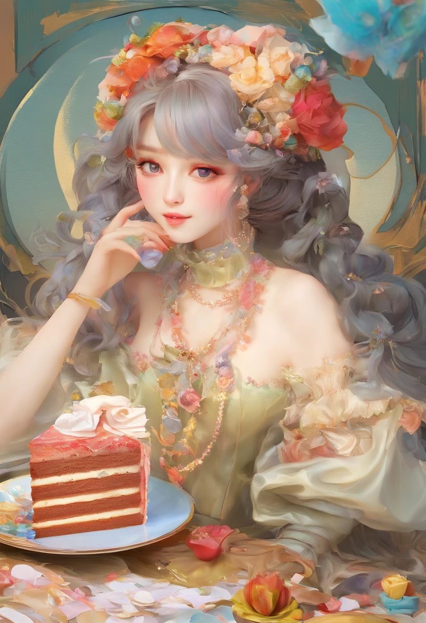 （Close-up of cake in teacup）,{{Masterpiece}}, {{{Best quality}}}, {{Ultra-detailed}}, {{illustration}}, {{Masterpiece}}, {{{Best quality}}}, {{Ultra-detailed}}, {{{illustration}}}, {{Disheveled hair}},close up photograph,A beautiful painting by Alphonse Mucha,glass paint,dripping paint,Paper marbling,Fluffy paint,