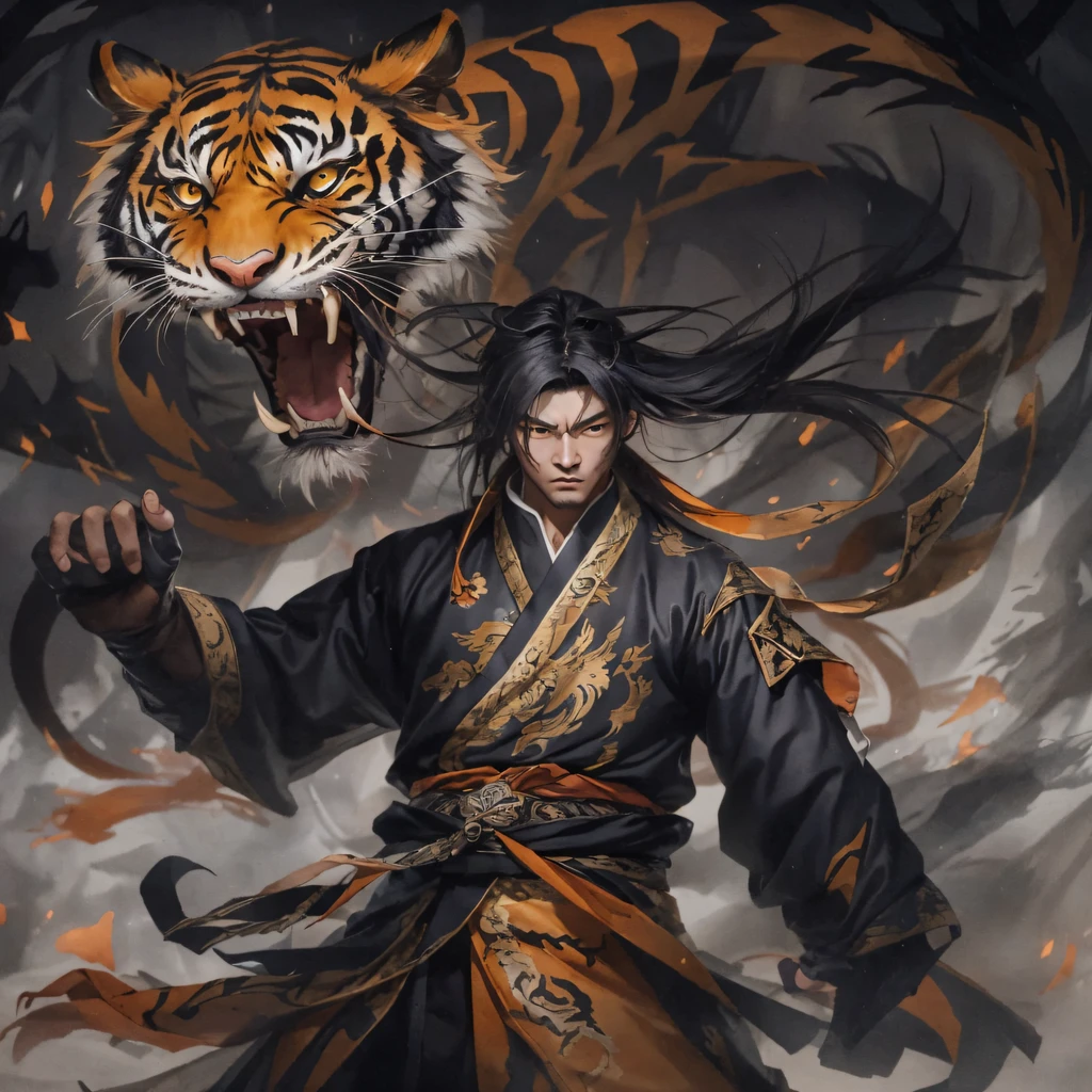 Night Tiger Demon 32K，Phoenix Immortal Demon Realm, Chance encounter with Liu Hanshu, He saw in him his former self, It was decided to take him as an apprentice, Teach him how to protect himself, But because of the Tibetan star map, Phoenix and the Liu family、The Jade Sword Sect establishes relationships, It opens with the death of Liu Hanshu, Qin Yu embarked on the road of confrontation with a strong enemy, Working hard, Make yourself stronger, Stick to your own core path of justice, （Tiger demon）eyes filled with angry，The monitor lizard clenched its fists，Rush up，Deliver a fatal blow to your opponent，full bodyesbian，Full body Night Tiger Demon Male Mage 32K（Masterpiece Canyon Ultra HD）Night Tiger Demon（canyons）Climb the streets， The scene of the explosion（canyons）， （Night）， The angry fighting stance of the Night Tiger Demon， looking at the ground， Batik linen bandana， Chinese python pattern long-sleeved garment， canyons（Abstract propylene splash：1.2）， Dark clouds lightning background，Flour flies（realisticlying：1.4），Black color hair，Flour fluttering，rainbow background， A high resolution， the detail， RAW photogr， Sharp Re， Nikon D850 Film Stock Photo by Jefferies Lee 4 Kodak Portra 400 Camera F1.6 shots, Rich colors, ultra-realistic vivid textures, Dramatic lighting, Unreal Engine Art Station Trend, cinestir 800，Flowing black hair,（（（Jungle Canyon）））The wounded lined up in the streets（vale）Climb the streets，Movie master real-time image quality（tmasterpiece，k hd，hyper HD，32K）Night Tiger Demon（Linen batik scarf）， Combat posture， looking at the ground， Linen bandana， Chinese night tiger demon pattern long-sleeved clothing，Night Tiger Demon（Abstract gouache splash：1.2）， Dark clouds lightning background，sprinkling