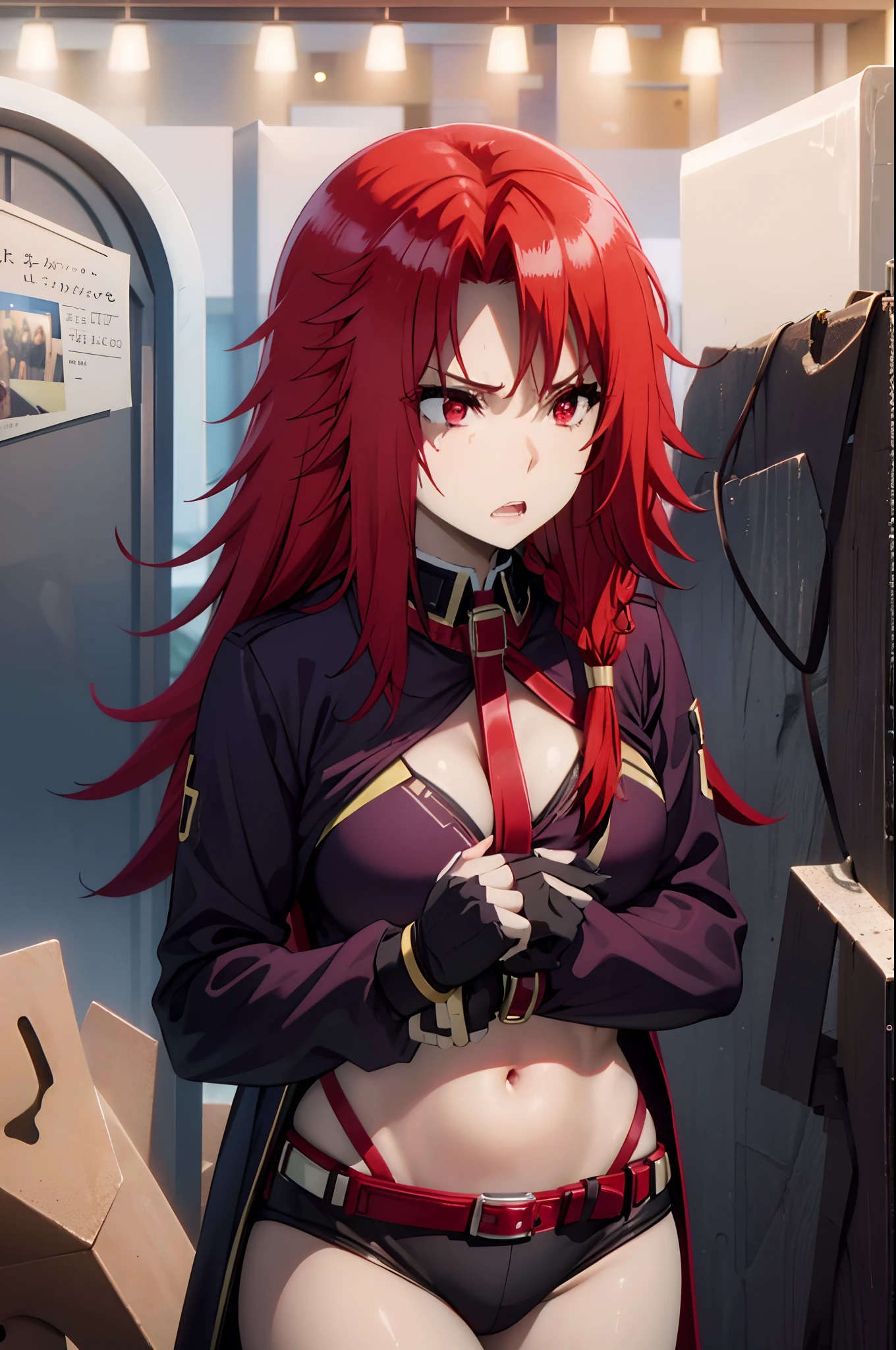 1girl,scared expression open mouth clenched teeth,red hair,red eyes,,sad,despair,,(collar),(leash),,(tied up),(tied wrists),bikini