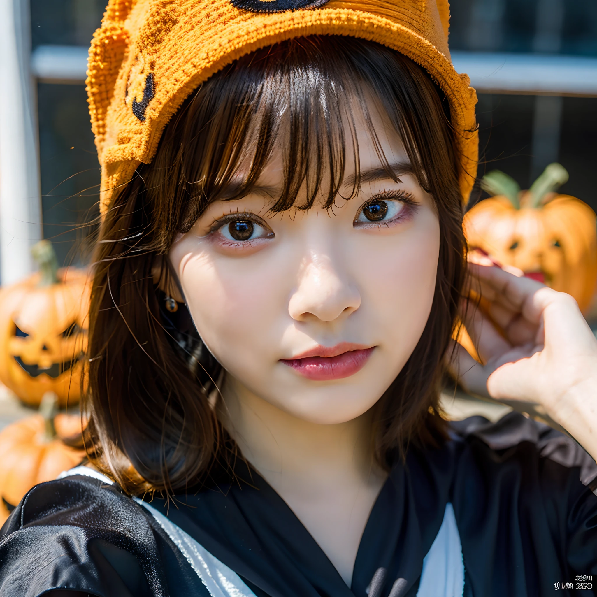 (8K, Raw photo:1.2)Detailed face and eyes,Best Quality, 超A high resolution, Highly detailed ,intricate detailes ,masutepiece ,Cute Girl , Soft cinematic light, Hyper-detailing,Sharp Focus, High quality,  Halloween, Jack-o'-lantern, tits out, a blond, Bob Hair, bob cuts, Pumpkin Cap