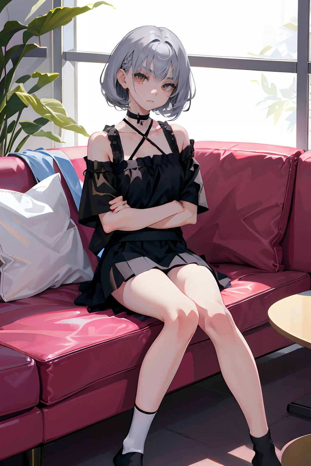 ，((Cross your arms over your chest))，（tmasterpiece，Highest quality），zettai ryouiki，upper legs，pleatedskirt，short sleeved top，pupils，silber hair，blackigeyes，Short curly hair，Black socks，Thin leg，sitting in the couch，haughty，face expressionless