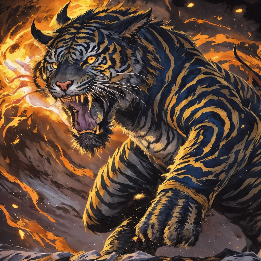 Night Tiger Demon 32K,Phoenix Immortal Demon Realm, Chance encounter with Liu Hanshu, He saw in him his former self, It was decided to take him as an apprentice, Teach him how to protect himself, But because of the Tibetan star map, Phoenix and the Liu family、The Jade Sword Sect establishes relationships, It opens with the death of Liu Hanshu, Qin Yu embarked on the road of confrontation with a strong enemy, Working hard, Make yourself stronger, Stick to your own core path of justice, (Tiger demon)eyes filled with angry,The monitor lizard clenched its fists,Rush up,Deliver a fatal blow to your opponent,full bodyesbian,Full body Night Tiger Demon Male Mage 32K(Masterpiece Canyon Ultra HD)Night Tiger Demon(canyons)Climb the streets, The scene of the explosion(canyons), (Night), The angry fighting stance of the Night Tiger Demon, looking at the ground, Batik linen bandana, Chinese python pattern long-sleeved garment, canyons(Abstract propylene splash:1.2), Dark clouds lightning background,Flour flies(realisticlying:1.4),Black color hair,Flour fluttering,rainbow background, A high resolution, the detail, RAW photogr, Sharp Re, Nikon D850 Film Stock Photo by Jefferies Lee 4 Kodak Portra 400 Camera F1.6 shots, Rich colors, ultra-realistic vivid textures, Dramatic lighting, Unreal Engine Art Station Trend, cinestir 800,Flowing black hair,(((Jungle Canyon)))The wounded lined up in the streets(vale)Climb the streets,Movie master real-time image quality(tmasterpiece,k hd,hyper HD,32K)Night Tiger Demon(Linen batik scarf), Combat posture, looking at the ground, Linen bandana, Chinese night tiger demon pattern long-sleeved clothing,Night Tiger Demon(Abstract gouache splash:1.2), Dark clouds lightning background,sprinkling
