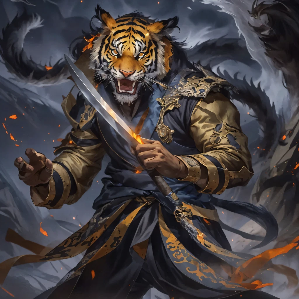 Night Tiger Demon 32K,Phoenix Immortal Demon Realm, Chance encounter with Liu Hanshu, He saw in him his former self, It was decided to take him as an apprentice, Teach him how to protect himself, But because of the Tibetan star map, Phoenix and the Liu family、The Jade Sword Sect establishes relationships, It opens with the death of Liu Hanshu, Qin Yu embarked on the road of confrontation with a strong enemy, Working hard, Make yourself stronger, Stick to your own core path of justice, (Tiger demon)eyes filled with angry,The monitor lizard clenched its fists,Rush up,Deliver a fatal blow to your opponent,full bodyesbian,Full body Night Tiger Demon Male Mage 32K(Masterpiece Canyon Ultra HD)Night Tiger Demon(canyons)Climb the streets, The scene of the explosion(canyons), (Night), The angry fighting stance of the Night Tiger Demon, looking at the ground, Batik linen bandana, Chinese python pattern long-sleeved garment, canyons(Abstract propylene splash:1.2), Dark clouds lightning background,Flour flies(realisticlying:1.4),Black color hair,Flour fluttering,rainbow background, A high resolution, the detail, RAW photogr, Sharp Re, Nikon D850 Film Stock Photo by Jefferies Lee 4 Kodak Portra 400 Camera F1.6 shots, Rich colors, ultra-realistic vivid textures, Dramatic lighting, Unreal Engine Art Station Trend, cinestir 800,Flowing black hair,(((Jungle Canyon)))The wounded lined up in the streets(vale)Climb the streets,Movie master real-time image quality(tmasterpiece,k hd,hyper HD,32K)Night Tiger Demon(Linen batik scarf), Combat posture, looking at the ground, Linen bandana, Chinese night tiger demon pattern long-sleeved clothing,Night Tiger Demon(Abstract gouache splash:1.2), Dark clouds lightning background,sprinkling