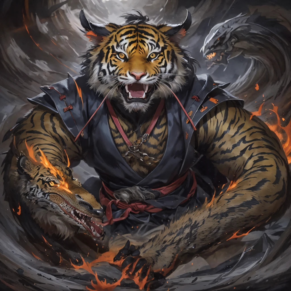 Night Tiger Demon 32K，Phoenix Immortal Demon Realm, Chance encounter with Liu Hanshu, He saw in him his former self, It was decided to take him as an apprentice, Teach him how to protect himself, But because of the Tibetan star map, Phoenix and the Liu family、The Jade Sword Sect establishes relationships, It opens with the death of Liu Hanshu, Qin Yu embarked on the road of confrontation with a strong enemy, Working hard, Make yourself stronger, Stick to your own core path of justice, （Tiger demon）eyes filled with angry，The monitor lizard clenched its fists，Rush up，Deliver a fatal blow to your opponent，full bodyesbian，Full body Night Tiger Demon Male Mage 32K（Masterpiece Canyon Ultra HD）Night Tiger Demon（canyons）Climb the streets， The scene of the explosion（canyons）， （Night）， The angry fighting stance of the Night Tiger Demon， looking at the ground， Batik linen bandana， Chinese python pattern long-sleeved garment， canyons（Abstract propylene splash：1.2）， Dark clouds lightning background，Flour flies（realisticlying：1.4），Black color hair，Flour fluttering，rainbow background， A high resolution， the detail， RAW photogr， Sharp Re， Nikon D850 Film Stock Photo by Jefferies Lee 4 Kodak Portra 400 Camera F1.6 shots, Rich colors, ultra-realistic vivid textures, Dramatic lighting, Unreal Engine Art Station Trend, cinestir 800，Flowing black hair,（（（Jungle Canyon）））The wounded lined up in the streets（vale）Climb the streets，Movie master real-time image quality（tmasterpiece，k hd，hyper HD，32K）Night Tiger Demon（Linen batik scarf）， Combat posture， looking at the ground， Linen bandana， Chinese night tiger demon pattern long-sleeved clothing，Night Tiger Demon（Abstract gouache splash：1.2）， Dark clouds lightning background，sprinkling