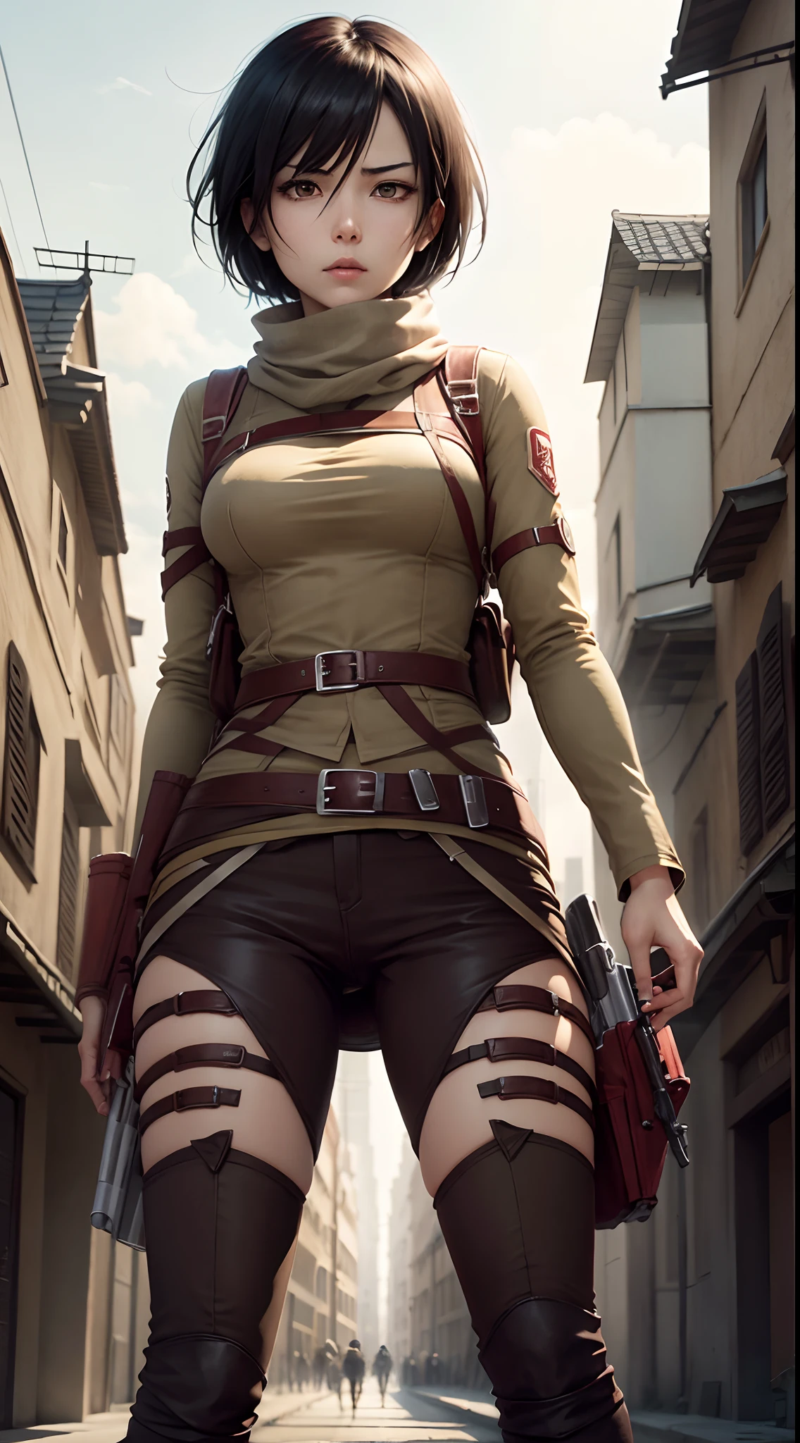 Giant Woman stomping on buildings and villagers tiny village town in background of her destruction, knee-high leather boots, bikini top and skirt bottom, 8k resolution hyperdetailed