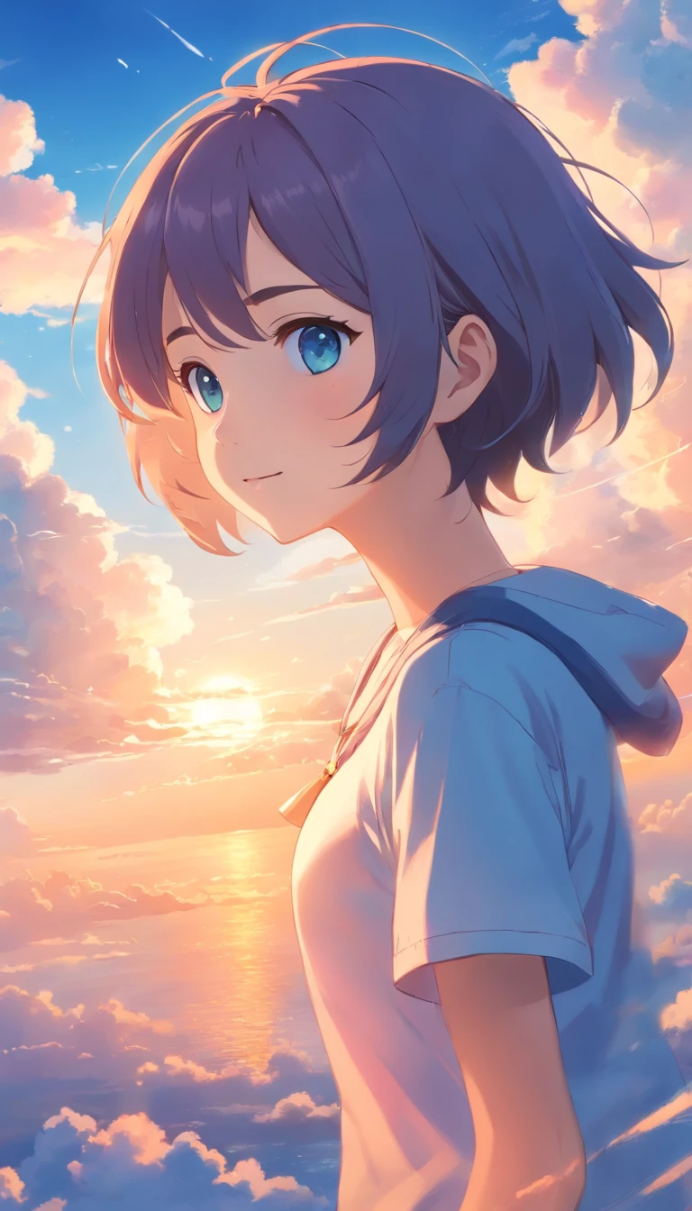 masterpiece, best quality, movie still, 1girl, cloud girl, floating in the sky, close-up, bright, happy, warm soft lighting, sunset, light blue short hair, blue eyes, casual clothes (sparks:0.7)