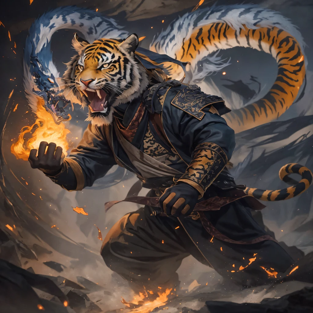 Night Tiger Demon 32K,Phoenix Immortal Demon Realm, Chance encounter with Liu Hanshu, He saw in him his former self, It was decided to take him as an apprentice, Teach him how to protect himself, But because of the Tibetan star map, Phoenix and the Liu family、The Jade Sword Sect establishes relationships, It opens with the death of Liu Hanshu, Qin Yu embarked on the road of confrontation with a strong enemy, Working hard, Make yourself stronger, Stick to your own core path of justice, (Tiger demon)eyes filled with angry,The monitor lizard clenched its fists,Rush up,Deliver a fatal blow to your opponent,full bodyesbian,Full body Night Tiger Demon Male Mage 32K(Masterpiece Canyon Ultra HD)Night Tiger Demon(canyons)Climb the streets, The scene of the explosion(canyons), (Night), The angry fighting stance of the Night Tiger Demon, looking at the ground, Batik linen bandana, Chinese python pattern long-sleeved garment, canyons(Abstract propylene splash:1.2), Dark clouds lightning background,Flour flies(realisticlying:1.4),Black color hair,Flour fluttering,rainbow background, A high resolution, the detail, RAW photogr, Sharp Re, Nikon D850 Film Stock Photo by Jefferies Lee 4 Kodak Portra 400 Camera F1.6 shots, Rich colors, ultra-realistic vivid textures, Dramatic lighting, Unreal Engine Art Station Trend, cinestir 800,Flowing black hair,(((Jungle Canyon)))The wounded lined up in the streets(vale)Climb the streets,Movie master real-time image quality(tmasterpiece,k hd,hyper HD,32K)Night Tiger Demon(Linen batik scarf), Combat posture, looking at the ground, Linen bandana, Chinese night tiger demon pattern long-sleeved clothing,Night Tiger Demon(Abstract gouache splash:1.2), Dark clouds lightning background,sprinkling