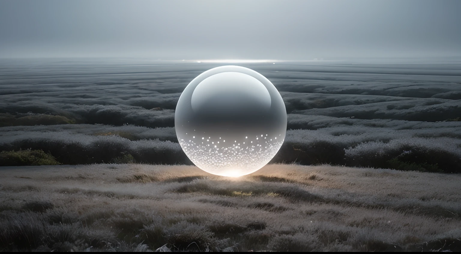 landscape, foggy, wide open field, 40 % grey and silver, big shiny crystal ball in the centre