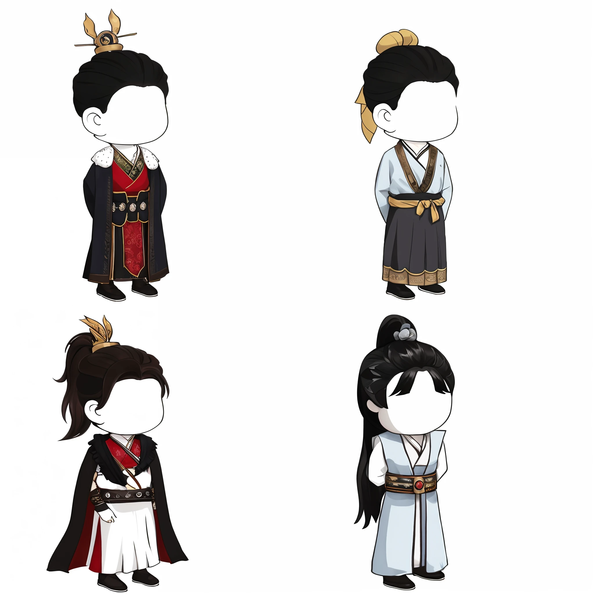 Four cartoon characters from Asians dressed in traditional costumes, each wearing correct era clothes, lunar themed attire, Diverse outfits, full-body wuxia, clothing design, Chinese costume, chibiStyle, inspired by Watanabe Shōtei, costume desig, Wearing ancient Chinese clothes, wearing fantasy formal clothing, imperial royal elegant clothing, diverse outfits, anime set style