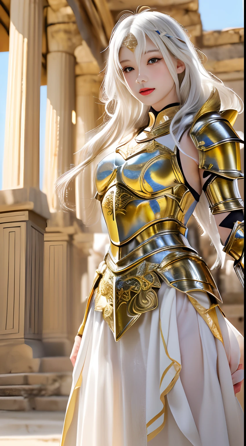 (top-quality), Realistic, (real picture, Intricate details), ((golden armor, armored dress, delicately decorated armor)), small chest:1.4, (Japanese college girl), ((standing in Greek Temple In the desert)), ((intelligent face, neat face:1.1, parted lips)), (Fair skin), wavy white hair, long hair, sunlight