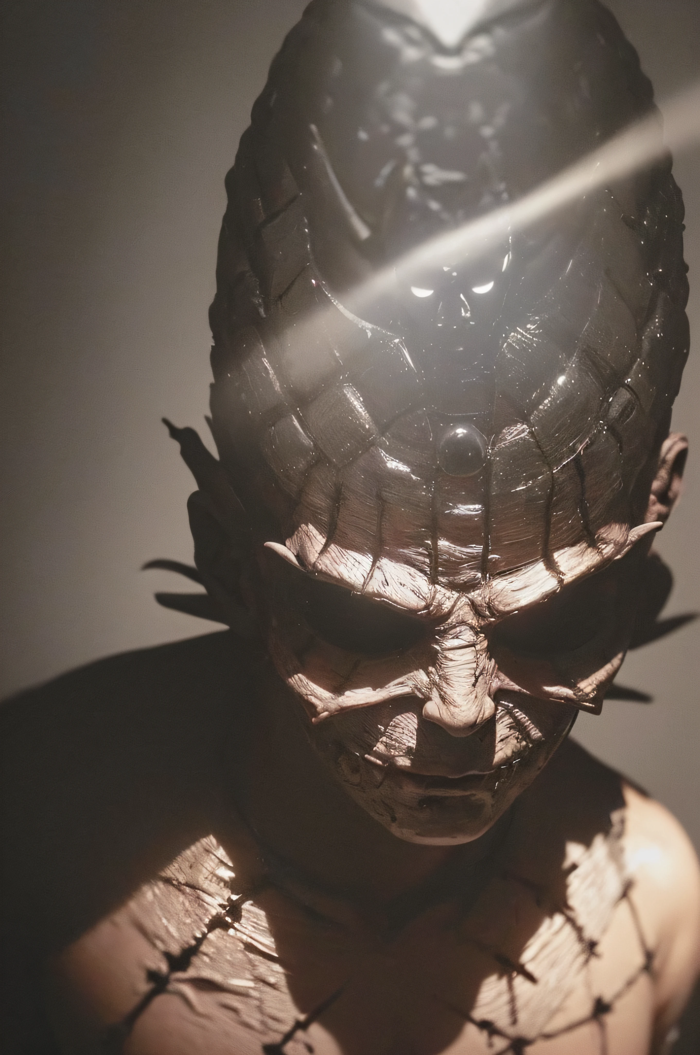 "(The best lighting, oscuro, dramatic),(feto calavera alien, Hellraiser, Cicatrices, , sexy, cerebro, sangre, una rata dentro de la cabeza, terror.),(ojos rojos, calaveras). morning light.