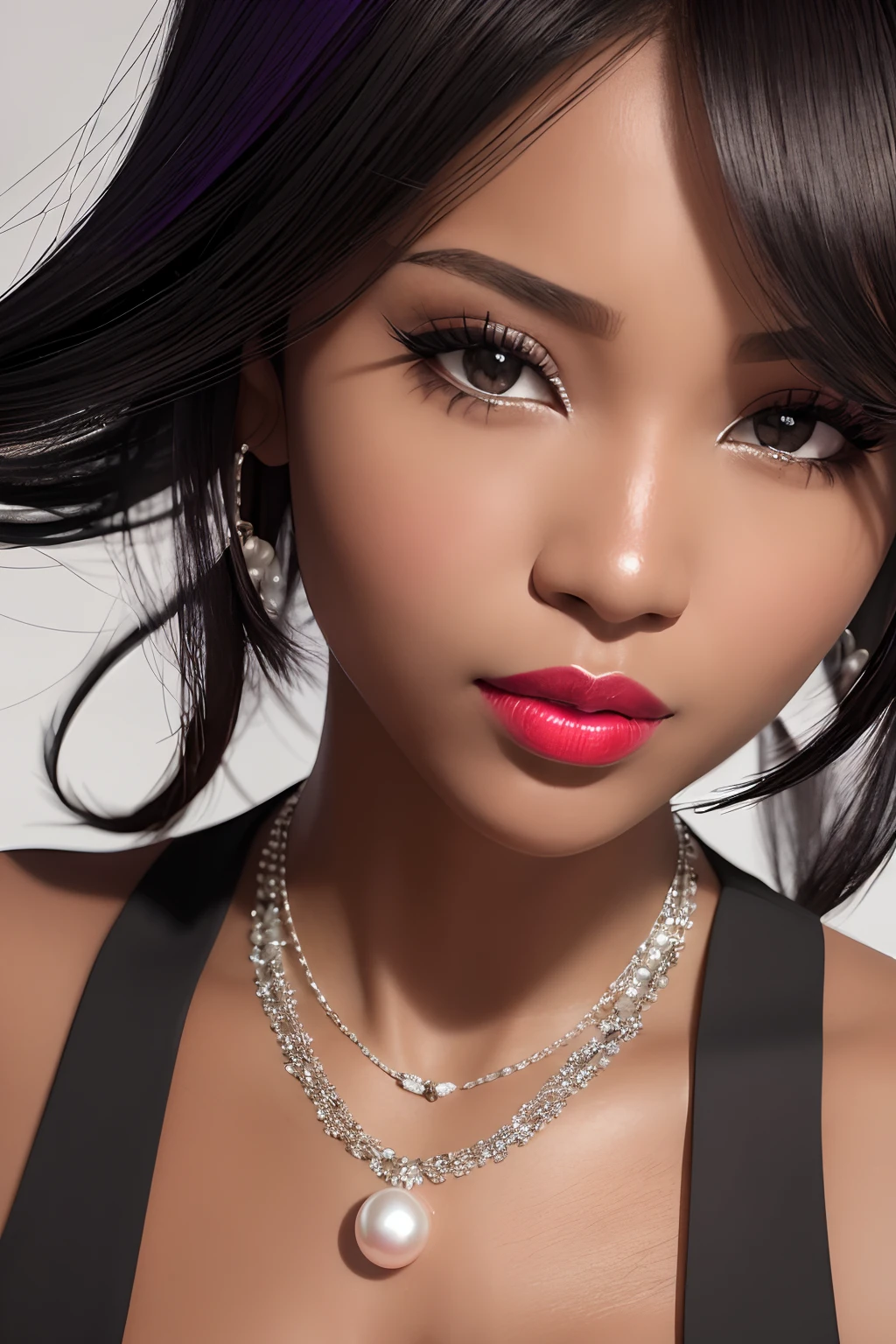 3D, Close up of a ebony beautiful girl in her 20s with pearl accessories, black and purple outfit, red lipstick, black hair, face close up, soft light, realistic