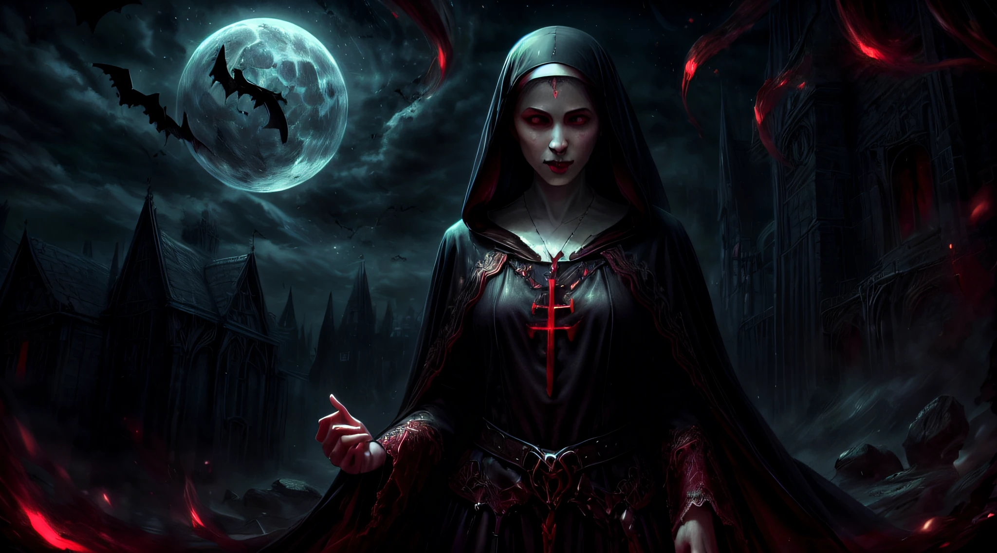 a picture of an exquisite beautiful female (nun: 1.3) vampire standing under the starry night sky on the porch of her monastary, dynamic angle (ultra detailed, Masterpiece, best quality), ultra detailed face (ultra detailed, Masterpiece, best quality), ultra feminine, (pale skin: 1.3), red hair, wavy hair, dynamic eyes color, cold eyes, glowing eyes, intense eyes, dark red lips, [fangs], wearing white nun habit (ultra detailed, Masterpiece, best quality), wearing blue cloak (ultra detailed, Masterpiece, best quality), long cloak, flowing cloak (ultra detailed, Masterpiece, best quality), wearing high heeled boots, sky full of stars background, moon, bats flying about, high details, best quality, 8k, [ultra detailed], masterpiece, best quality, (ultra detailed), full body, ultra wide shot, photorealism, dark fantasy art, dark fantasy art, gothic art, many stars, dark fantasy art, gothic art, sense of dread, bloodmagic