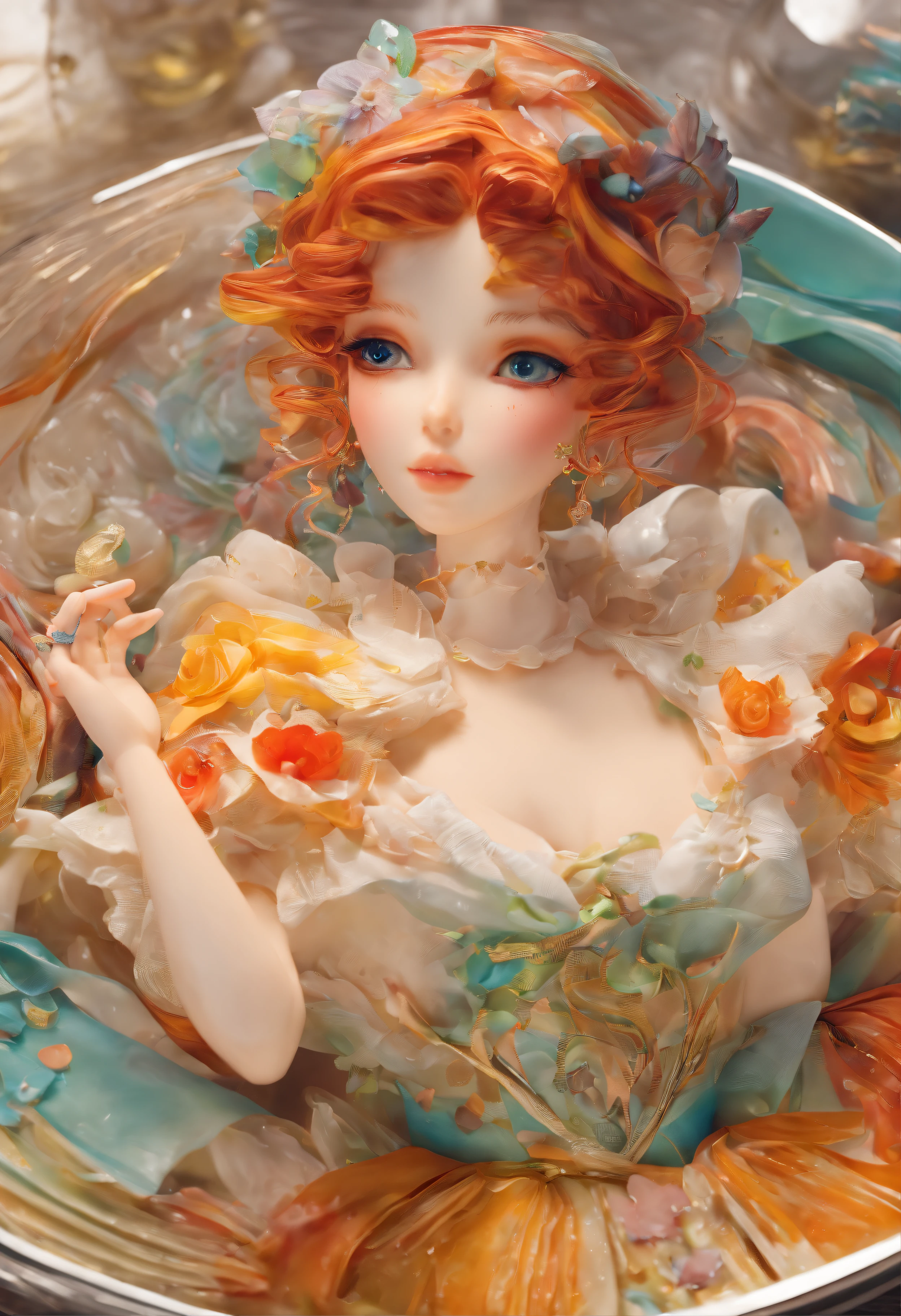 (Close-up of cake in teacup),{{Masterpiece}}, {{{Best quality}}}, {{Ultra-detailed}}, {{illustration}}, {{Masterpiece}}, {{{Best quality}}}, {{Ultra-detailed}}, {{{illustration}}}, {{Disheveled hair}},close up photograph,A beautiful painting by Alphonse Mucha,glass paint,dripping paint,Paper marbling,Fluffy paint,
