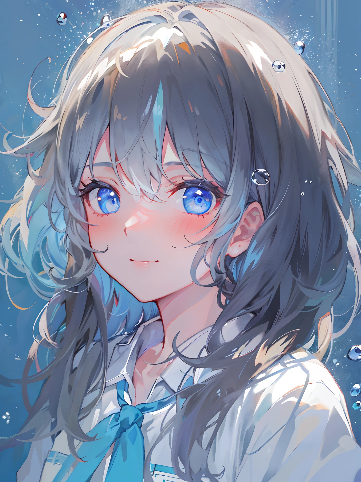 ((top-quality)), ((masterpiece)), ((ultra-detailliert)), (Extremely delicate and beautiful), girl with, 独奏, cold attitude,((Black jacket)),She is very(relax)with the(Settled down)Looks,A dark-haired, depth of fields,Evil smile,Bubble, under the water, Air bubble,bright light blue eyes,inner color with bright gray hair and light blue tips,,,,,,,,Cold background,Bob Hair - Linear Art, shortpants、knee high socks、White uniform like school uniform、Light blue ribbon ties、Clothes are sheer、Hands in pockets、Bright eyes like sapphire,Fronllesse Blue, A small blue light was floating、Upper Eyes、foodie