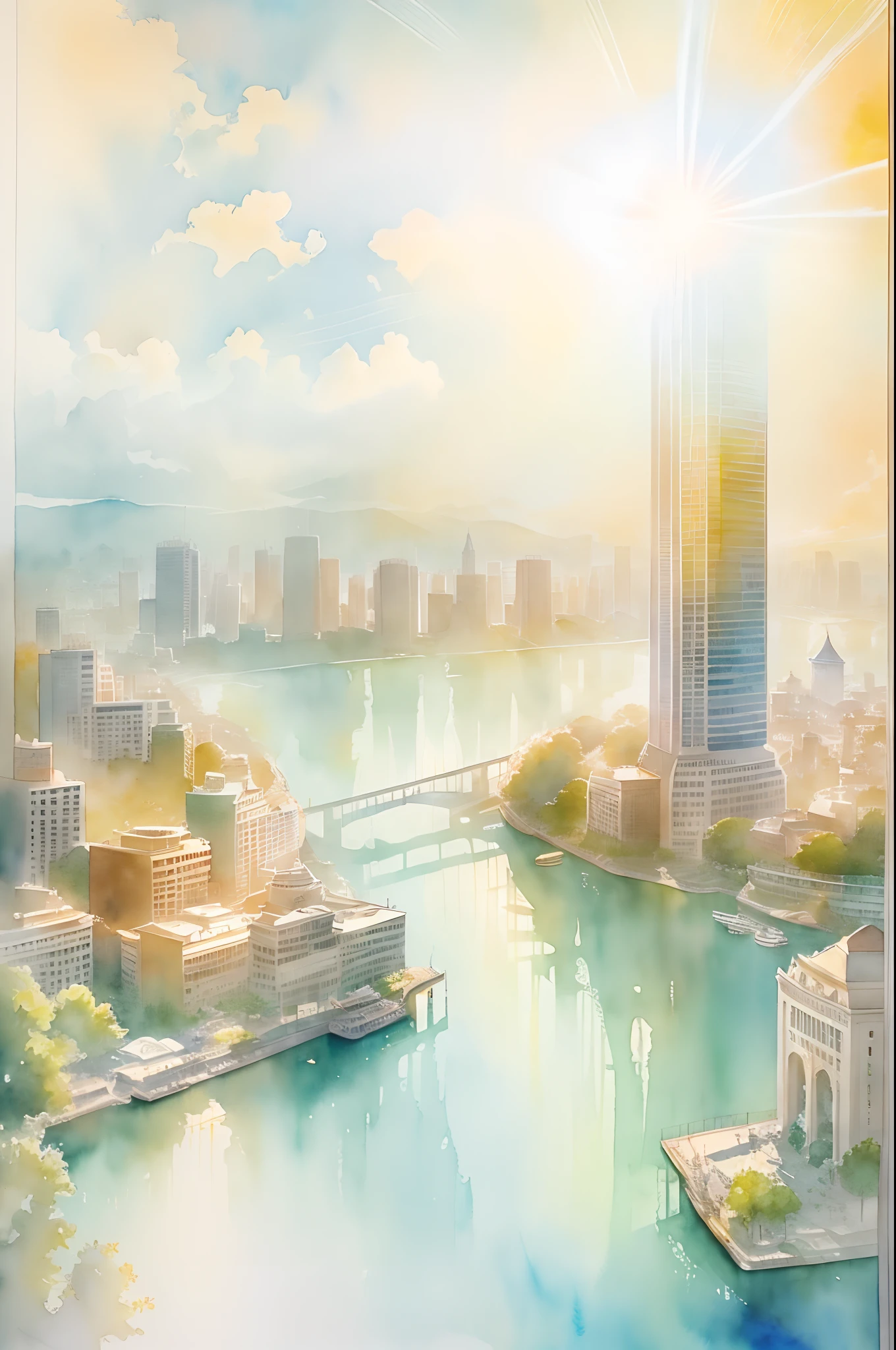 Bright and beautiful morning sun shines on the city of water. The beautifully shining water city is captured in a fantastic and elegant world like the heavenly world.、(contemporary art like a picture book) (transparent watercolor) (delicate expression) (light itself expressed as real) (layers of soft, rich colors) (shades of paint dissolved thinly with water) (deep, delicate colors)
