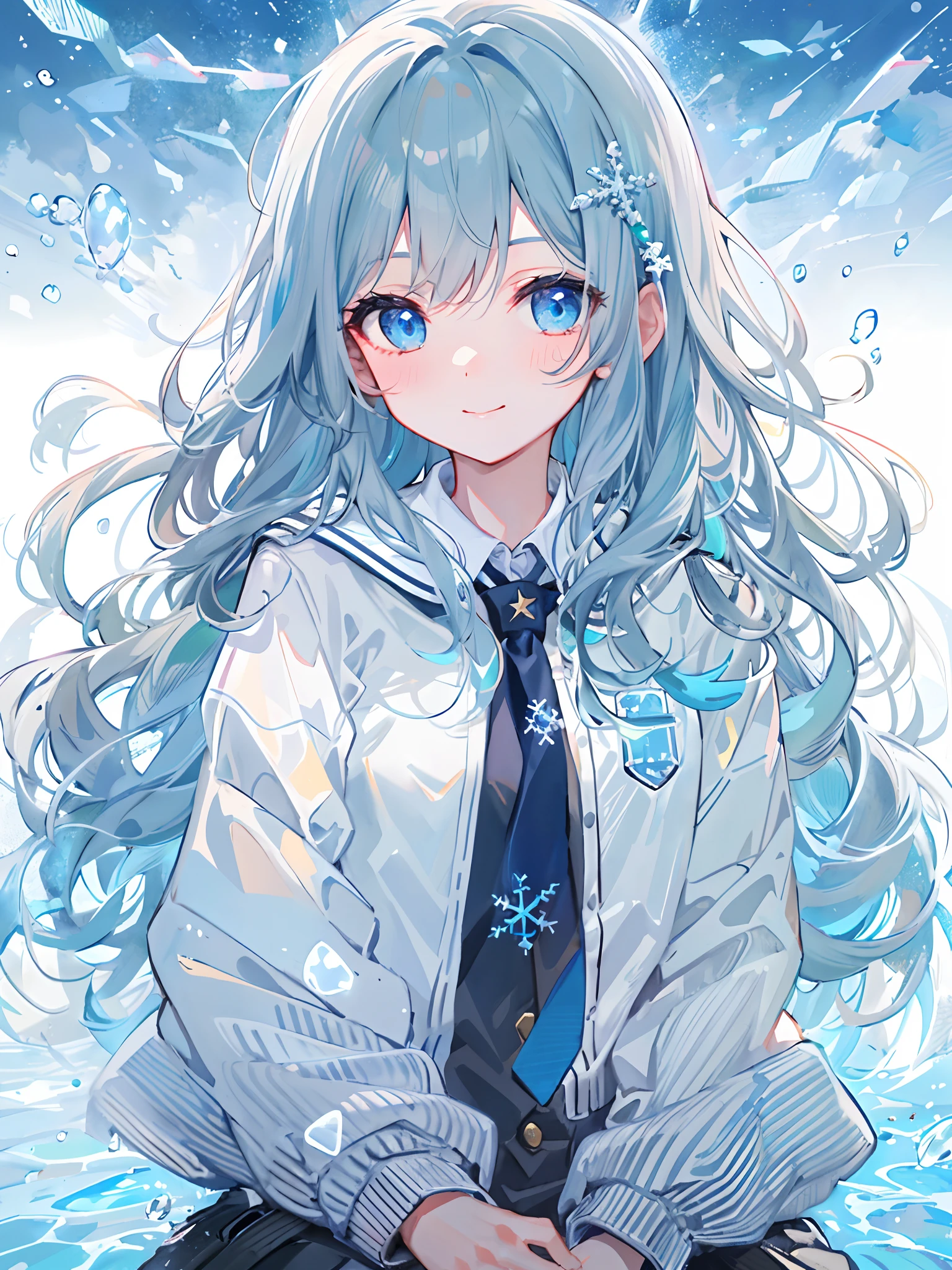 ((top-quality)), ((masterpiece)), ((ultra-detailliert)), (Extremely delicate and beautiful), girl with, 独奏, cold attitude,((Black jacket)),She is very(relax)with the(Settled down)Looks,A dark-haired, depth of fields,Evil smile,Bubble, under the water, Air bubble,bright light blue eyes,inner color with bright gray hair and light blue tips,,,,,,,,,,,,,,Cold background,Bob Hair - Linear Art, shortpants、knee high socks、White uniform like school uniform、Light blue ribbon ties、Clothes are sheer、Hands in pockets、Bright eyes like sapphire,Fronllesse Blue, A small blue light was floating、Upper Eyes、glass shards、Snowflake Hair Ornament
