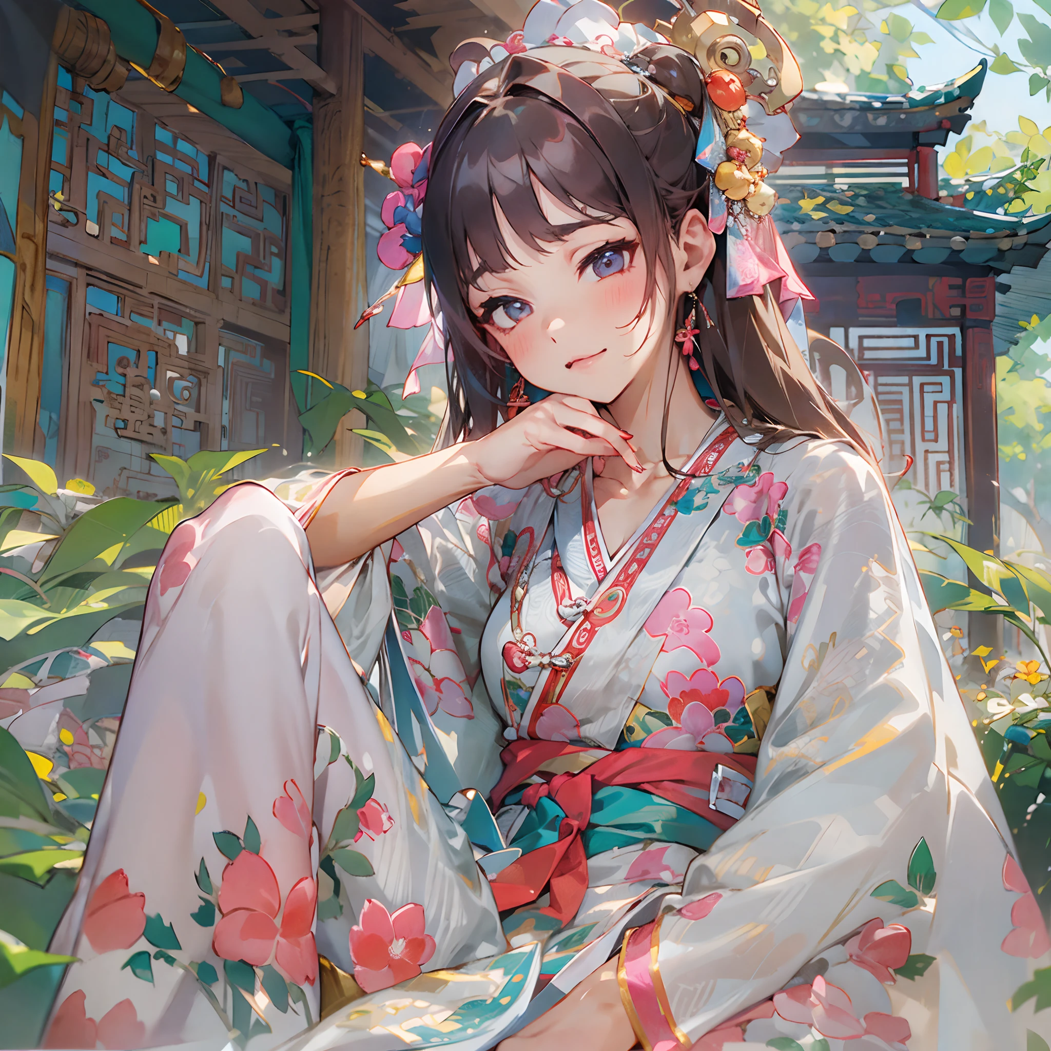 (A cute girl,Sit barefoot,Reveal her delicate feet),Barefoot,Long narrow eyes,An embarrassed expression,Beautifully designed traditional Chinese costumes,Rich in patterns, Vibrant colors,flowing short dress,Long sleeves,elaborate detail,White and tender feet,Five toes,Details of the soles of the feet,Petite feet,Minimalist background,subtly lit,Photorealistic style,Vivid colors,Detailed rendering,high resolution,4K quality,Sharp focus.