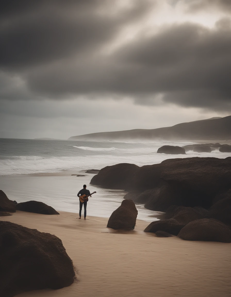 homem adulto, sentado na areia da praia, with a sad expression, playing the guitar, uma lua gigantesca no fundo da imagem, luz suave, dramatic atmosphere, melancholic vibes, ondas suaves caindo na costa, cores vibrantes, Nostalgic nostalgia, praia deserta, A hint of mist in the air, a feeling of loneliness and reflection, areias macias afundando sob o peso dos pensamentos, A captivating setting that draws the viewer into a world of emotions --Best Quality --8K --Ultra Detailed --Realistic --Photo Realistic