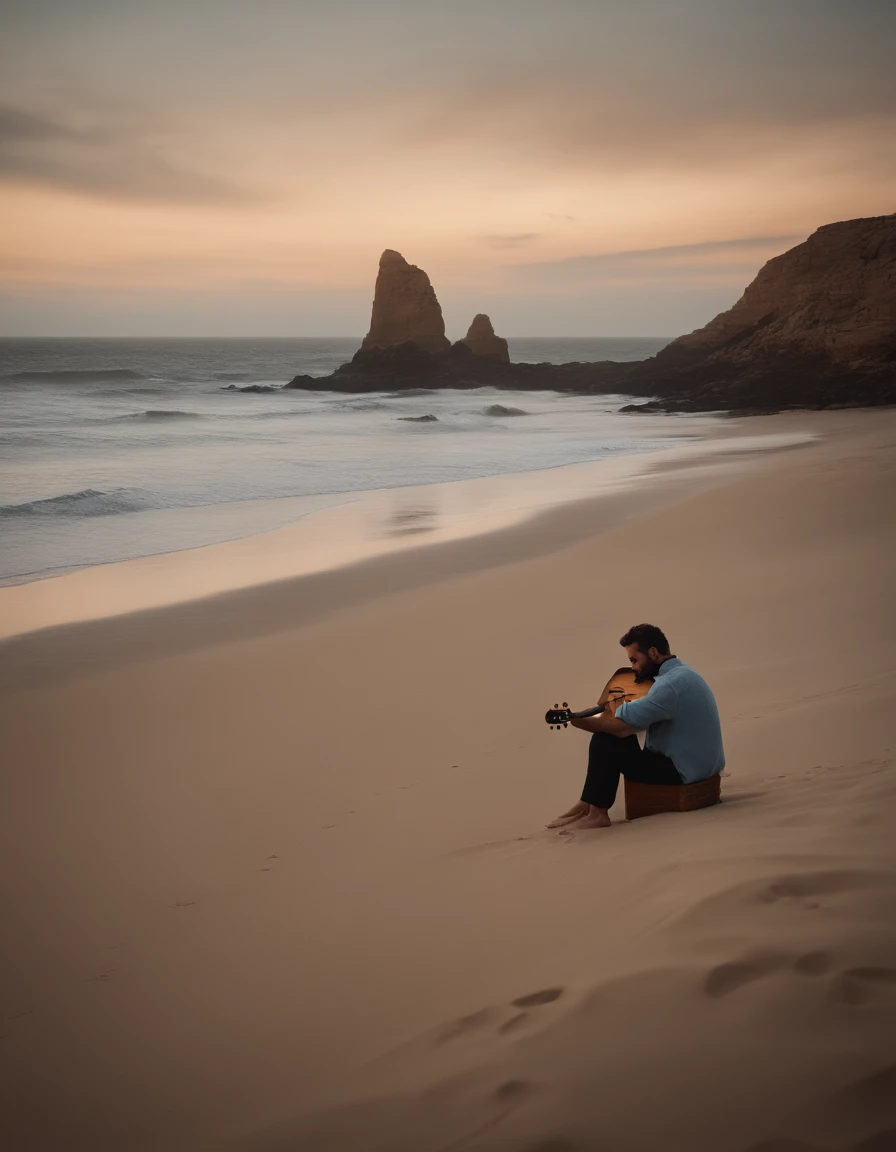 homem adulto, sentado na areia da praia, with a sad expression, playing the guitar, uma lua gigantesca no fundo da imagem, luz suave, dramatic atmosphere, melancholic vibes, ondas suaves caindo na costa, cores vibrantes, Nostalgic nostalgia, praia deserta, A hint of mist in the air, a feeling of loneliness and reflection, areias macias afundando sob o peso dos pensamentos, A captivating setting that draws the viewer into a world of emotions --Best Quality --8K --Ultra Detailed --Realistic --Photo Realistic