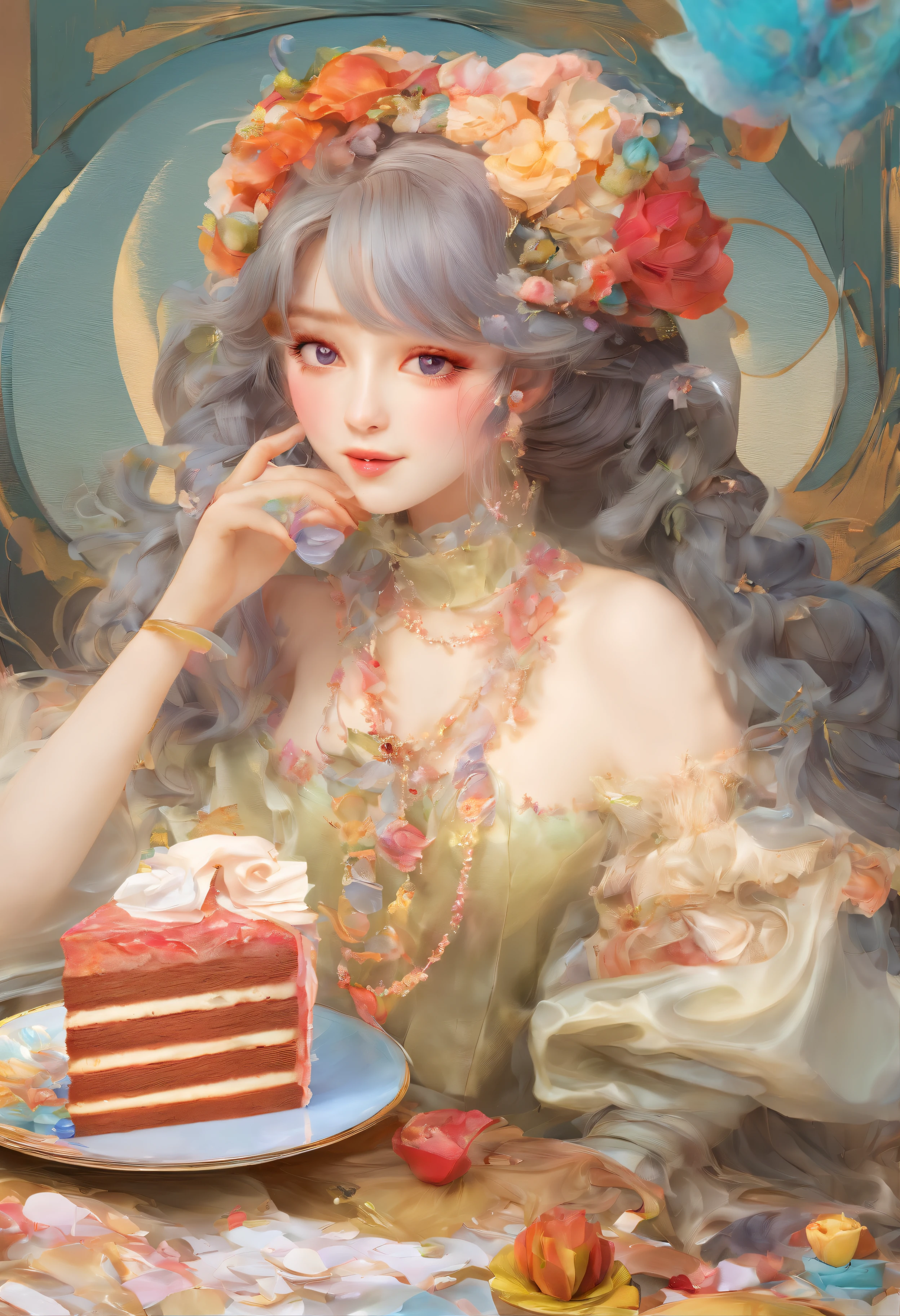 (Close-up of cake in teacup),{{Masterpiece}}, {{{Best quality}}}, {{Ultra-detailed}}, {{illustration}}, {{Masterpiece}}, {{{Best quality}}}, {{Ultra-detailed}}, {{{illustration}}}, {{Disheveled hair}},close up photograph,A beautiful painting by Alphonse Mucha,glass paint,dripping paint,Paper marbling,Fluffy paint,