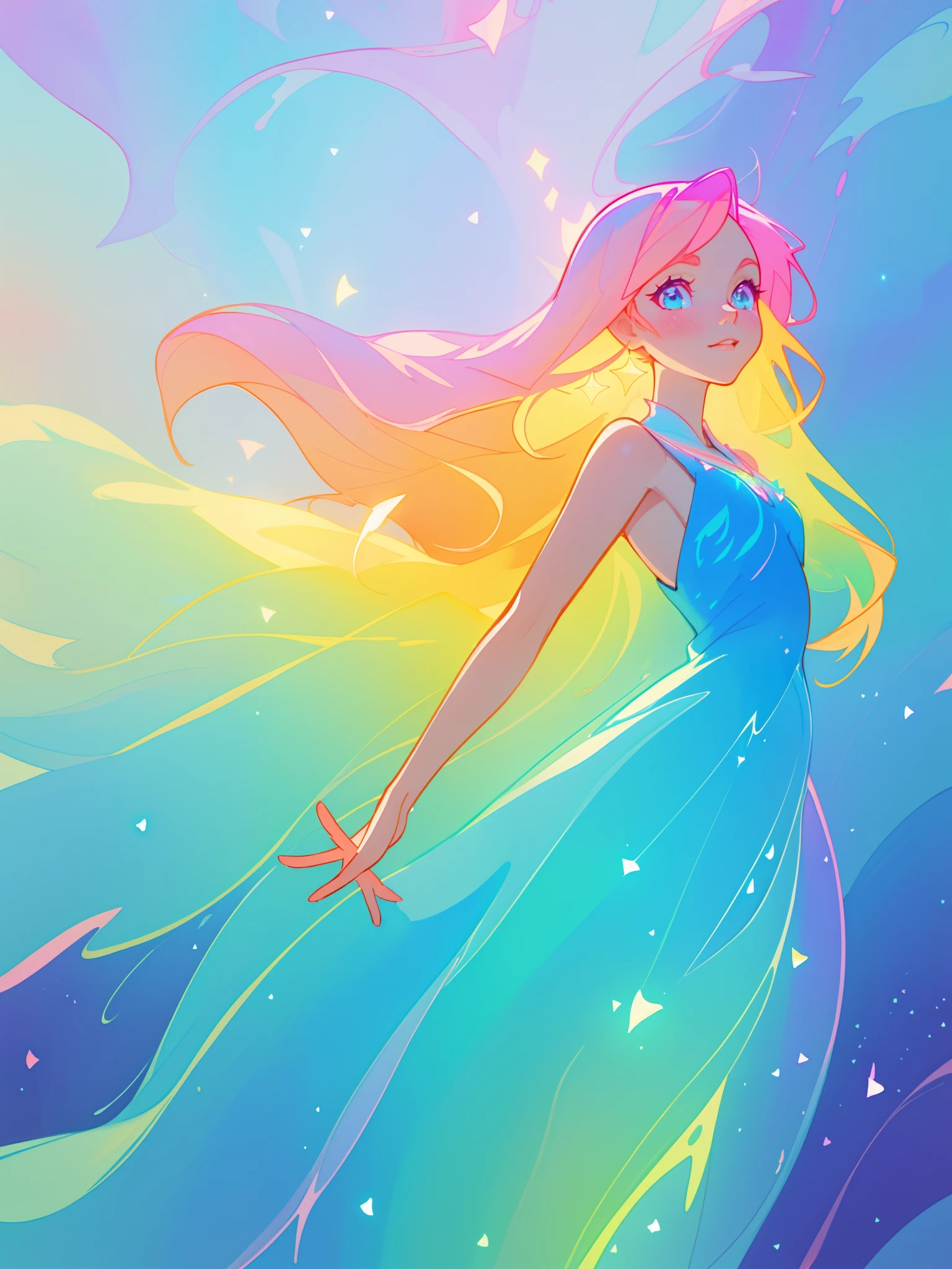 beautiful girl, flowing liquid dress, colorful flowing long hair, vibrant pastel colors, (colorful), magical lights, sparkling magical liquid, inspired by Glen Keane, inspired by Lois van Baarle, disney art style, by Lois van Baarle, glowing aura around her, by Glen Keane, jen bartel, glowing lights! digital painting, flowing glowing hair, glowing flowing hair, beautiful digital illustration, fantasia background, whimsical, magical, fantasy, ((beautiful face)), ((masterpiece, best quality)), intricate details, highly detailed, sharp focus, 8k resolution, sparkling detailed eyes, liquid watercolor