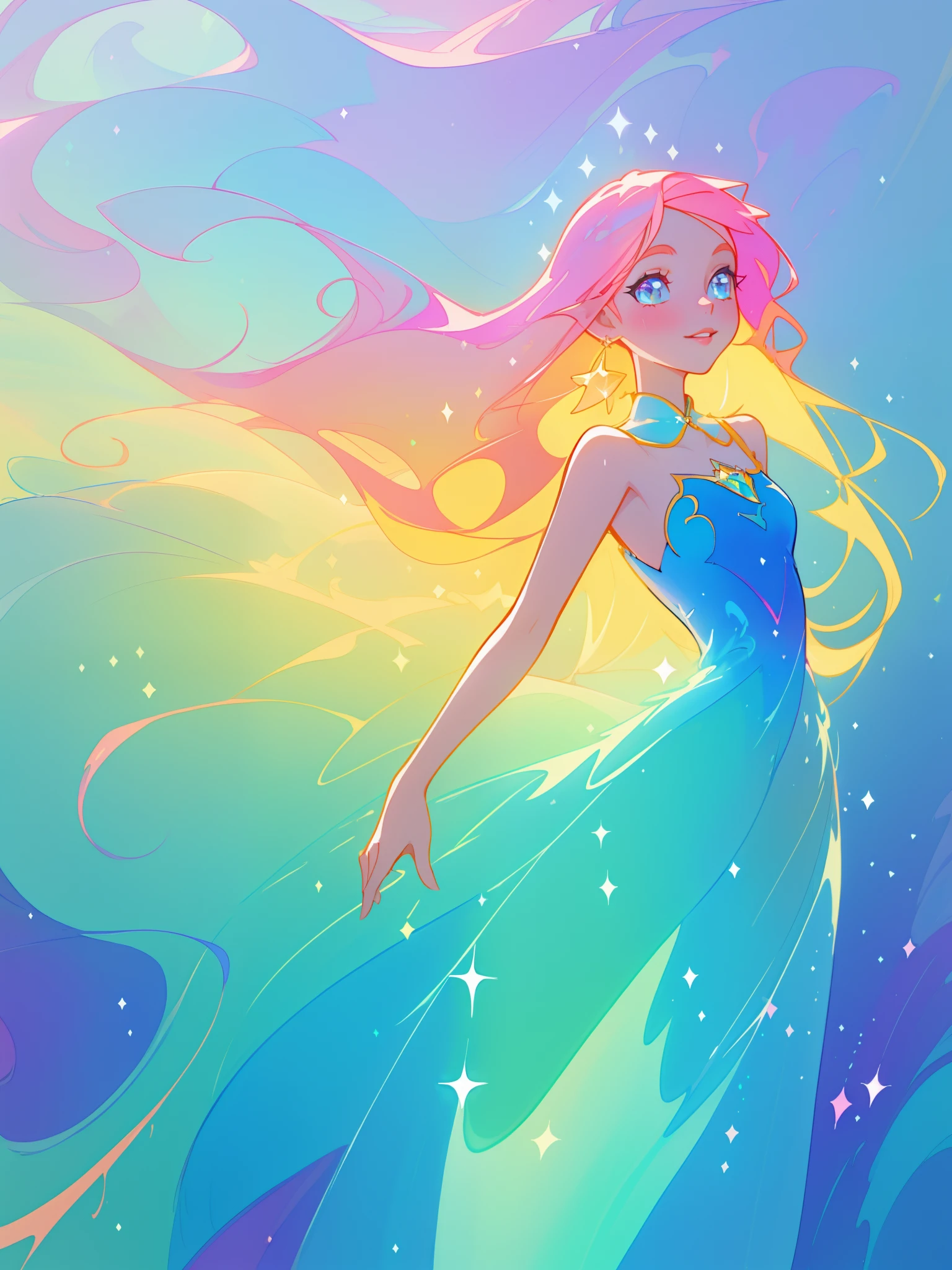 beautiful girl, flowing liquid dress, colorful flowing long hair, vibrant pastel colors, (colorful), magical lights, sparkling magical liquid, inspired by Glen Keane, inspired by Lois van Baarle, disney art style, by Lois van Baarle, glowing aura around her, by Glen Keane, jen bartel, glowing lights! digital painting, flowing glowing hair, glowing flowing hair, beautiful digital illustration, fantasia background, whimsical, magical, fantasy, ((beautiful face)), ((masterpiece, best quality)), intricate details, highly detailed, sharp focus, 8k resolution, sparkling detailed eyes, liquid watercolor