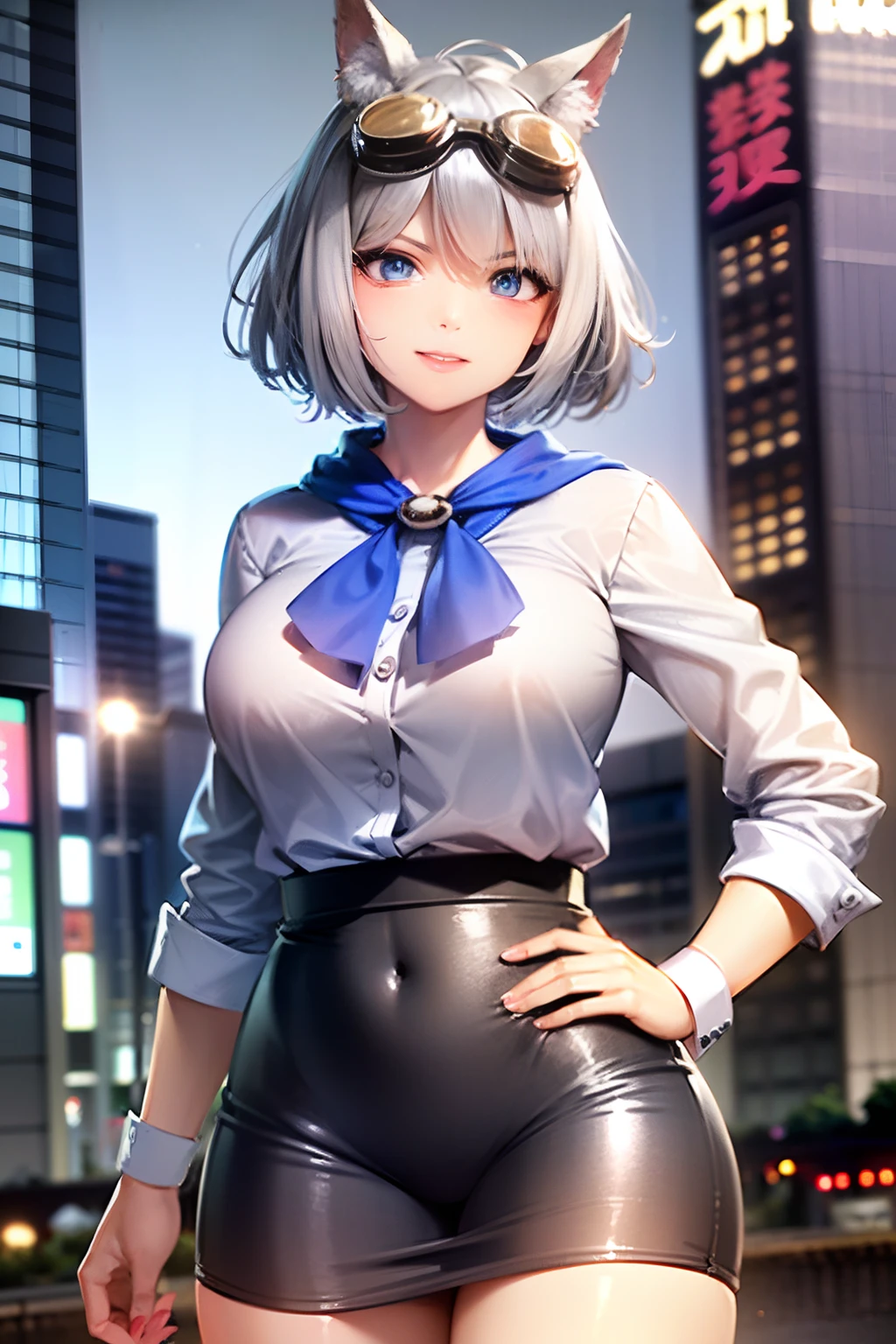 ((Business suits:1.5)), ((Blouse:1.5)), ((tight skirts:1.5)), Anatomically correct body, very detailed face and eyes, ((Kyoto Animation Style)), super precision, masterpiece, very extremely beautiful, Princess Face, ((1 Japan Girl)), ((Solo:1.5)), ((Large round lens goggles on the top of the head:1.5)), ((Big white animal ears:1.5)), ((Wear a bright blue scarf around your neck:1.5)), Big eyes, ((Silver hair:1.5)), ((Blue eyes)), ((bob cuts)), ((medium breasts)), Faint lips, Professional Lighting, (20 years old), Narrow waist, Shiny skin, Oiled skin, glistning skin, cowboy shot, Looking at Viewer, Dynamic Pose, ssmile, ((tokyo prefecture:1.5)), (Tokyo Metropolitan Government Building:1.5), angry, (Dutch Angle), A smile, ((Walk:1.5)), ((tokyo background:1.5)),