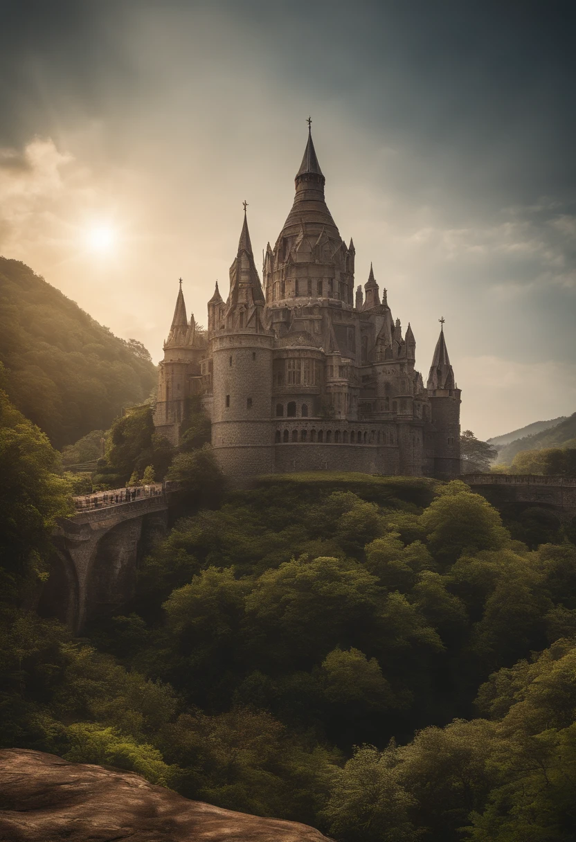 Huge big castle, Complex rooftop greening standing on a mountain.
It is a floating ship and has a fantasy structure, Aerial buildings and crystals, And the trees growing below々.
Very strong fantasy elements.
The bridge over the castle is、a person々excites you to go there.
There is a large statue of the goddess that serves as a symbol.
Some churches have many people coming to pray every day.