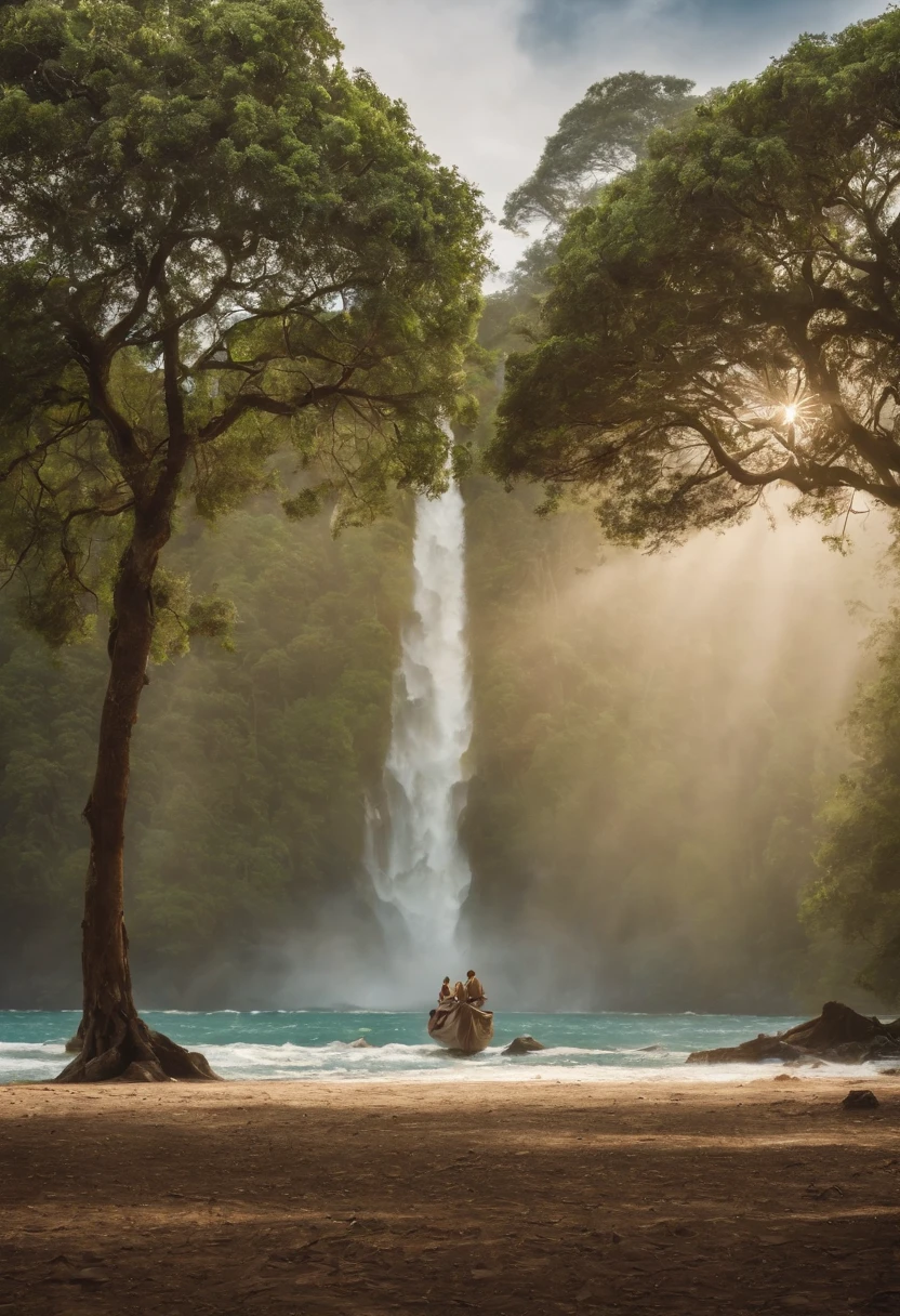 imagem em alta qualidade, A sea in the immensity, An image in the immensity with trees and forests that form a heart and in the center, a direita um barco guiado por um poeta, mar de sangue, poeta sobre a maresia de um mar de sangue, mar grande, poeta escrevendo
