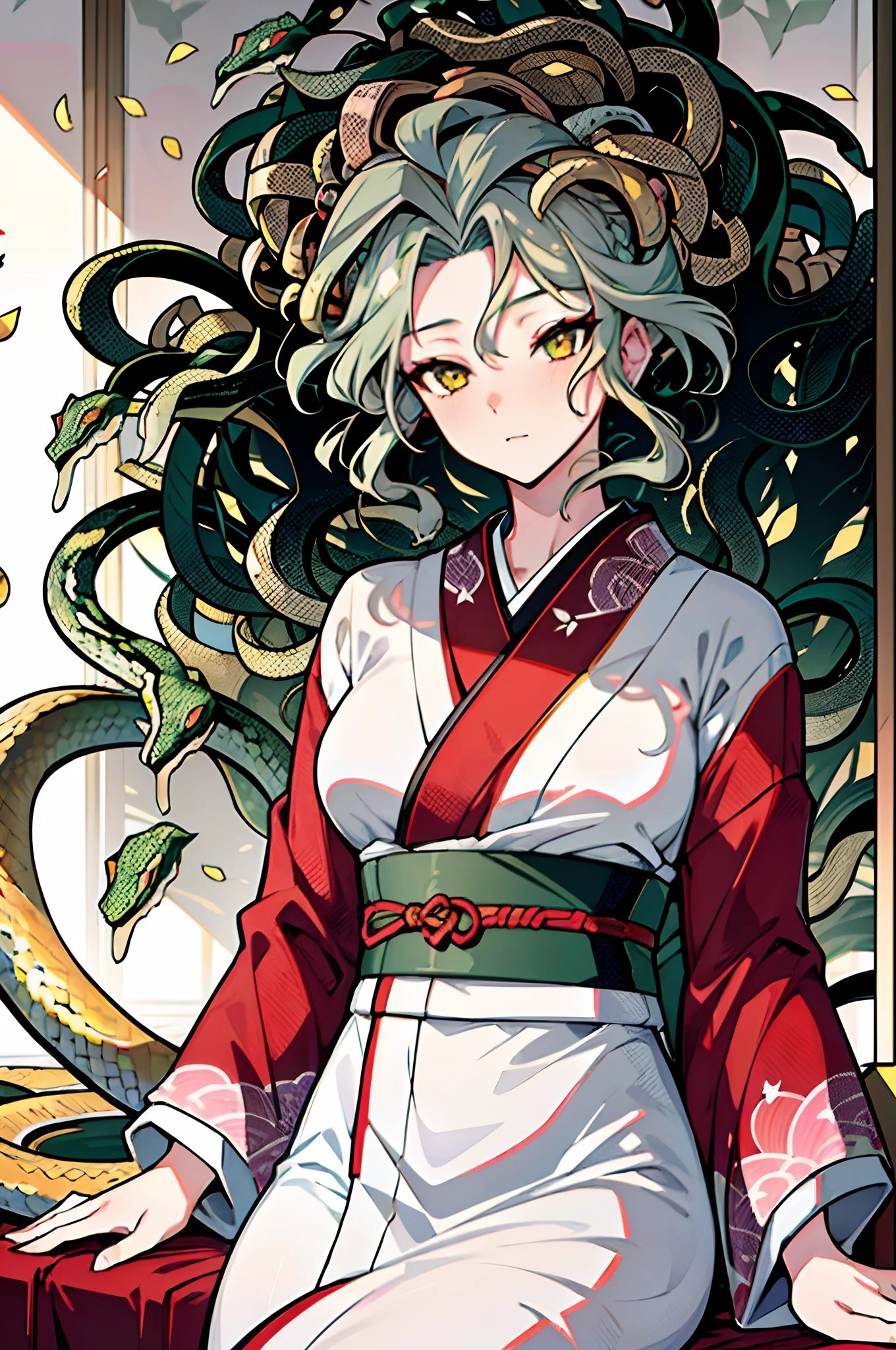 ((medusa)), ((snake hair)), 64K, f1.2, 800mm, UHD, dynamic lighting, 1girl, golden eyes, hair up, tan skin, Pastel Gray Snake hair, black Kimono with a poppie pattern