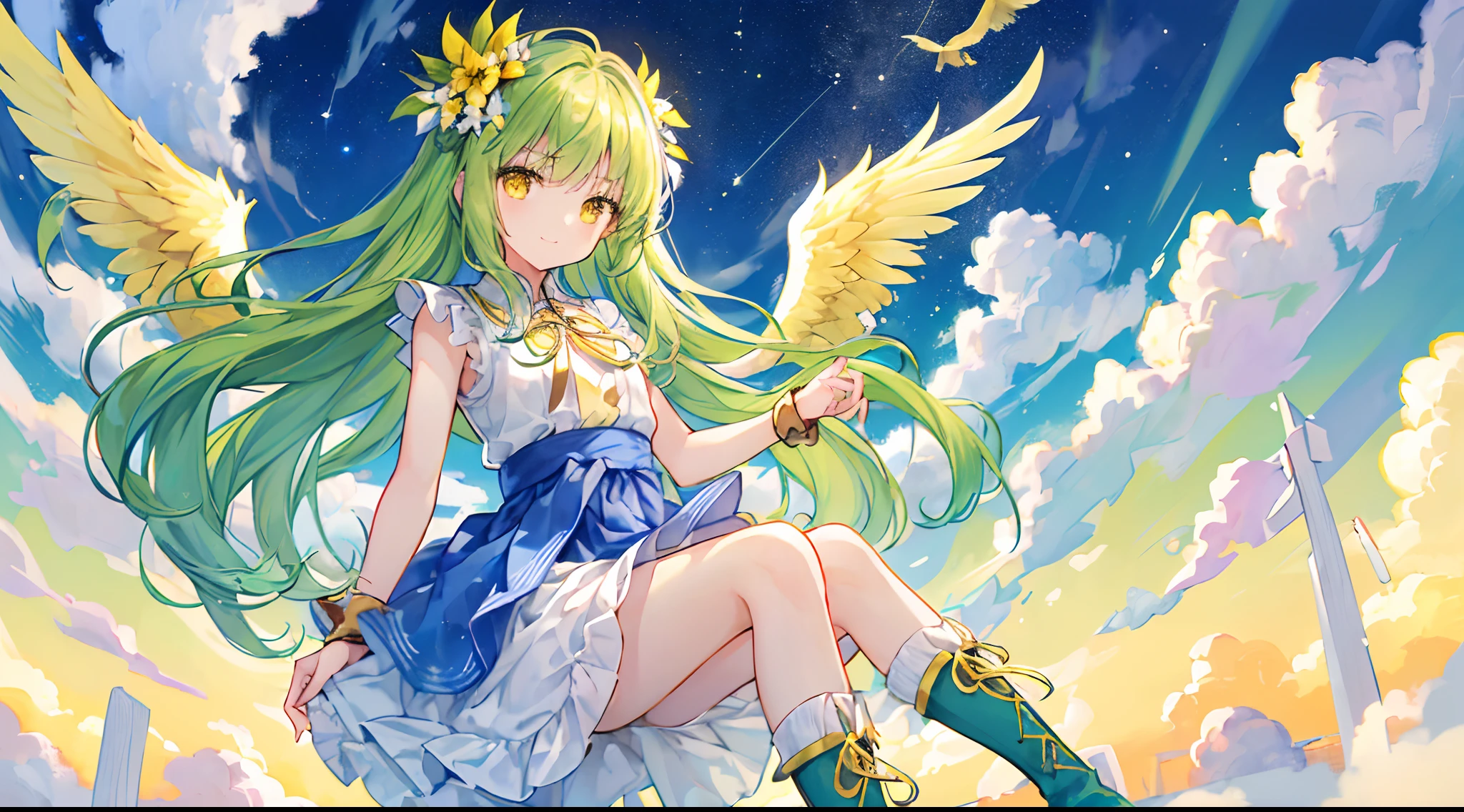(top-quality), (masterpiece)、(ultla detailed)、(Beautiful girl alone:1.3)、Lori、10yaers old、cute little、Short stature、angelicales、(Holo:1.3)、White blouses、White angel wings、(blue ribbons:1.3)、(Blue ribbon at waist:1.2)、White skirt、golden patterns、Yellow-green frills、A smile、(are flying)、(yellow eyes)、Medium chest、(Yellow-green hair:1.3)、The ends of the hair are light blue、(Straight hair:1.3)、Floating hair、(Longhaire:1.2)、Flower Hair Elastic、(Black boots)、(Sleeveless)、godrays、(Clouds on yellow sky background:1.3)、(Yellow-green bird:1.1)、Gold bangles、The lining of the skirt has a starry sky pattern