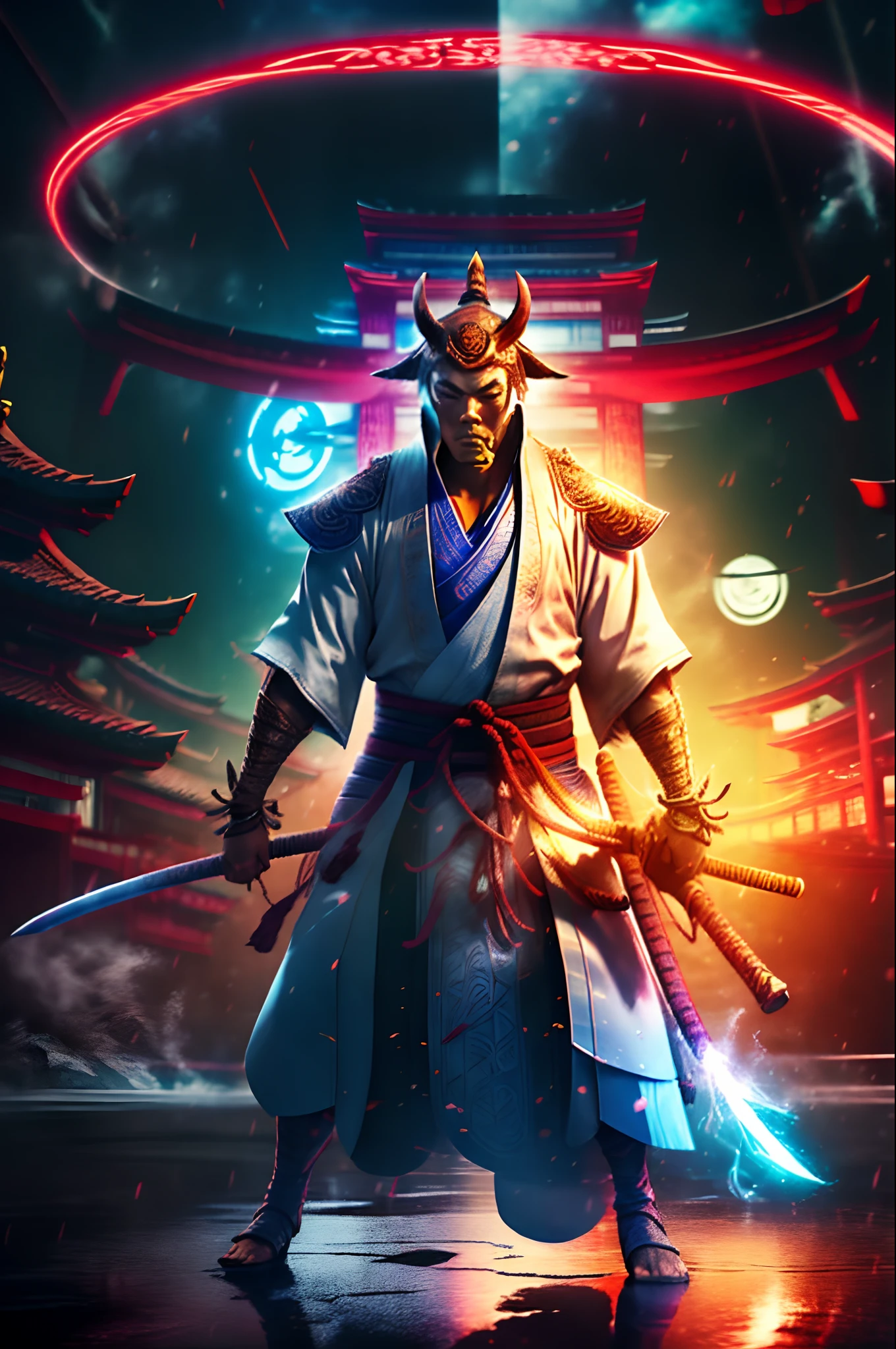 a Man, kodvar,samurai, oni mask, best quality,masterpiece,ultra high res,(photorealistic:1.4) ,weapon,Detailed face, 1 men , solo, katana weapon, cleavage,(magic circle:1.2), full body, oni mask, east asian architecture,sheath,architecture, samurai, japan, wearing steel armor, carry a long sword, medival, fantasy, high quality, ultra detailed in 4k, 8k, high resolution, fantasy coverart style, fantasy japan medival, sharp focus, depth of field. neutral colors:1.2), (hdr:1.4), (muted colors:1.2), hyperdetailed, (artstation:1.4), cinematic, warm lights, dramatic light, (intricate details:1.1), complex background, (rutkowski:0.66), (teal and orange:0.4)",soft glow, magic splatter, (Tyler jacobson:1.4) fantasy style, clean art, shaded flat illustration, digital art, misty rain, misty weather
