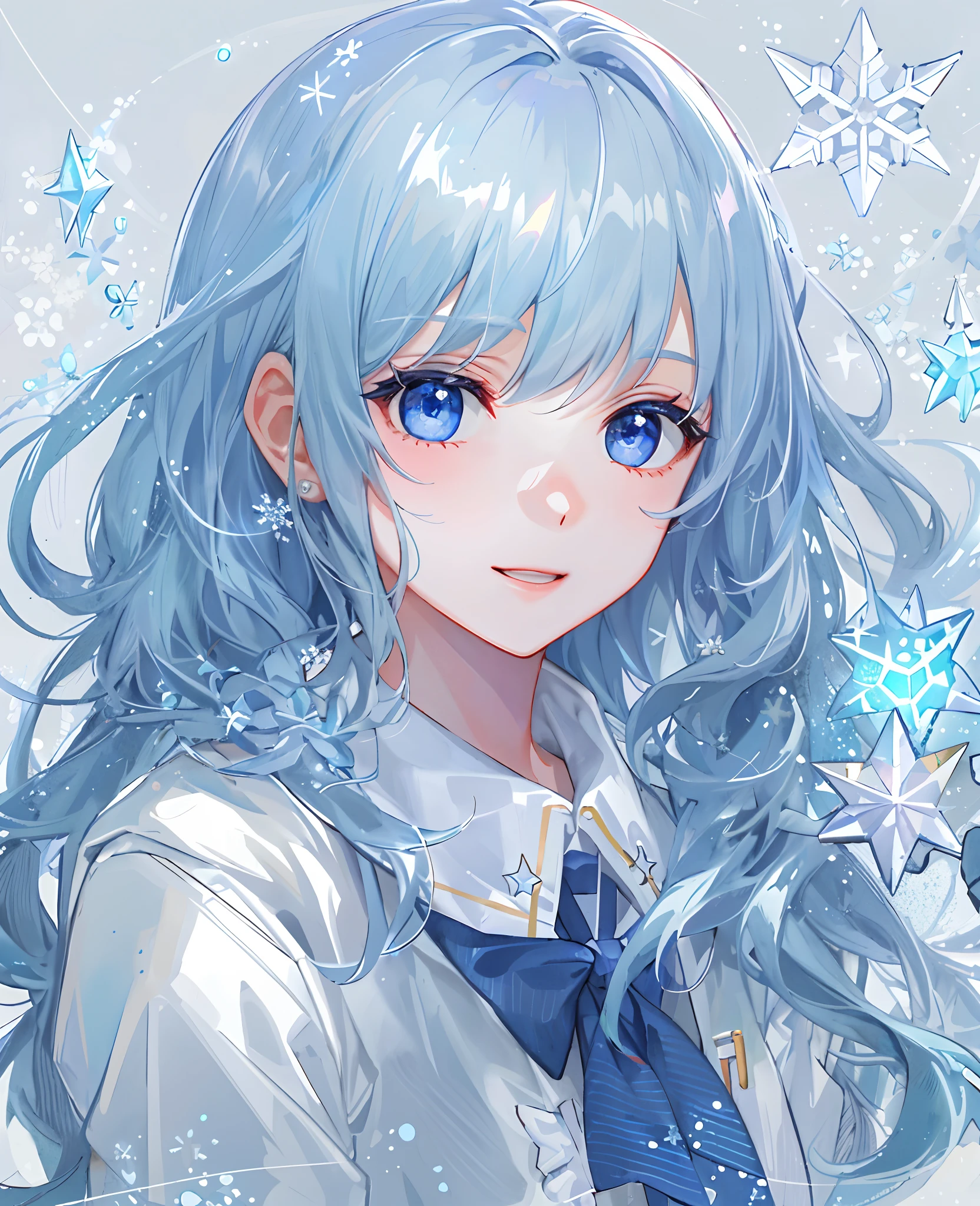 ((top-quality)), ((masterpiece)), ((ultra-detailliert)), (Extremely delicate and beautiful), girl with, 独奏, cold attitude,((Black jacket)),She is very(relax)with the(Settled down)Looks,A dark-haired, depth of fields,Evil smile,Bubble, under the water, Air bubble,bright light blue eyes,inner color with bright gray hair and light blue tips,,,,,,,,,,,,,Cold background,Bob Hair - Linear Art, shortpants、knee high socks、White uniform like school uniform、Light blue ribbon ties、Clothes are sheer、Hands in pockets、Bright eyes like sapphire,Fronllesse Blue, A small blue light was floating、Upper Eyes、glass shards、Snowflake Hair Ornament