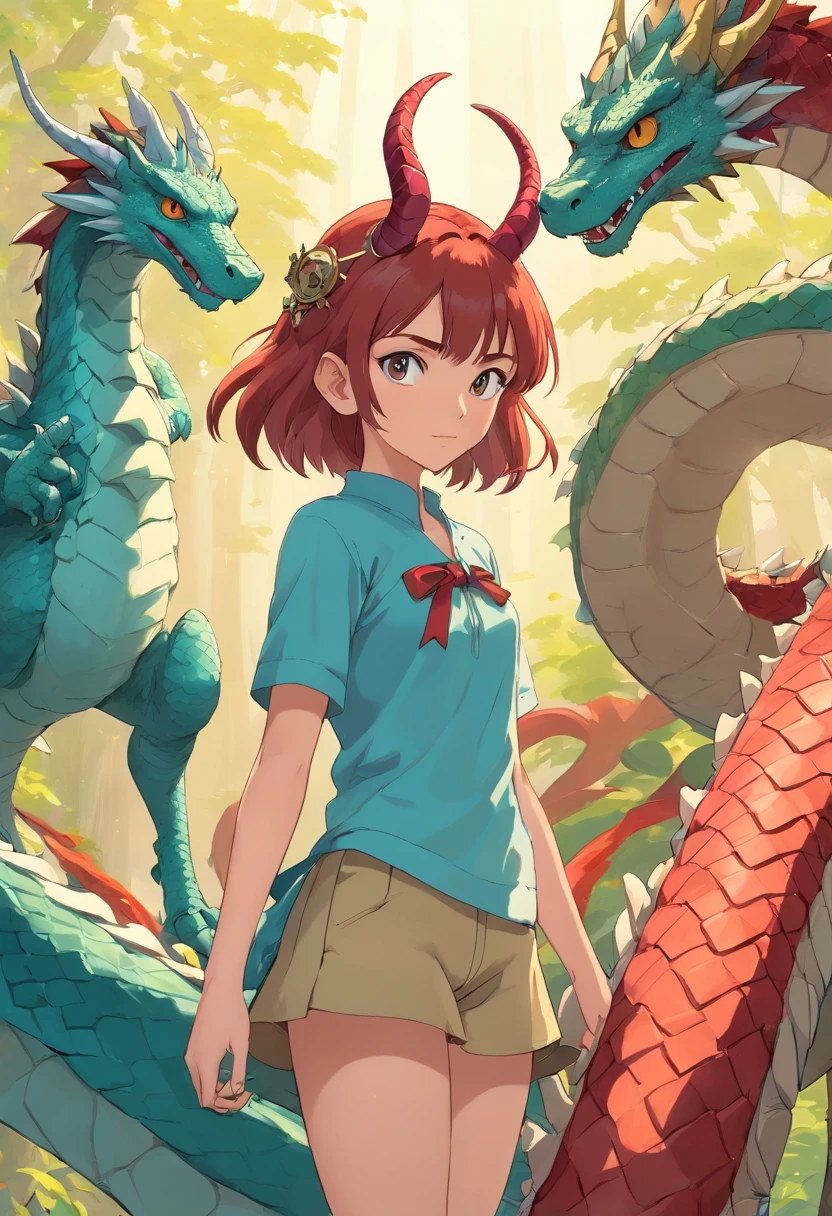1 girl, freira, with dragon horns, seios fartos, dragon tailed, Scaly arms and legs, cintura fina, coxas grandes, marcas faciais de escama, serious look, roupas intimas a mostra.