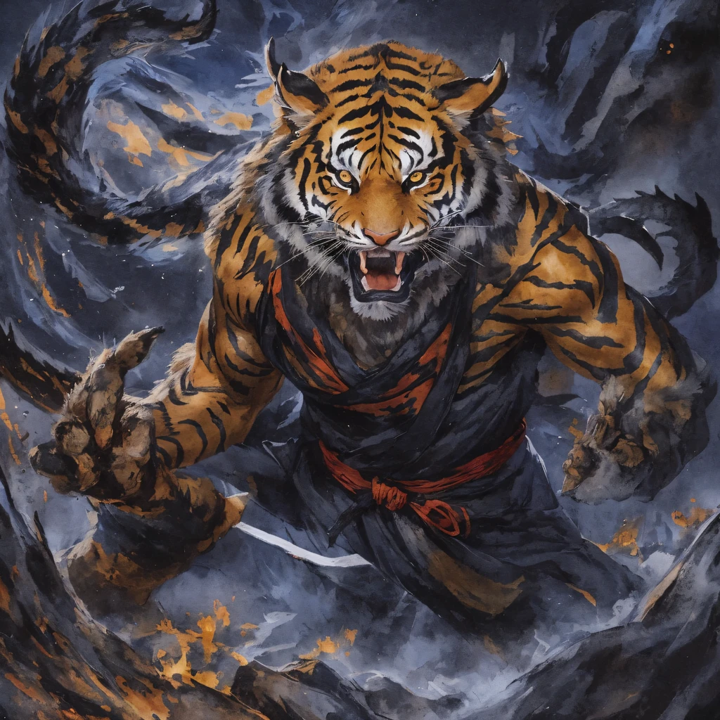 Night Tiger Demon 32K,Phoenix Immortal Demon Realm, Chance encounter with Liu Hanshu, He saw in him his former self, It was decided to take him as an apprentice, Teach him how to protect himself, But because of the Tibetan star map, Phoenix and the Liu family、The Jade Sword Sect establishes relationships, It opens with the death of Liu Hanshu, Qin Yu embarked on the road of confrontation with a strong enemy, Working hard, Make yourself stronger, Stick to your own core path of justice, (Tiger demon)eyes filled with angry,The monitor lizard clenched its fists,Rush up,Deliver a fatal blow to your opponent,full bodyesbian,Full body Night Tiger Demon Male Mage 32K(Masterpiece Canyon Ultra HD)Night Tiger Demon(canyons)Climb the streets, The scene of the explosion(canyons), (Night), The angry fighting stance of the Night Tiger Demon, looking at the ground, Batik linen bandana, Chinese python pattern long-sleeved garment, canyons(Abstract propylene splash:1.2), Dark clouds lightning background,Flour flies(realisticlying:1.4),Black color hair,Flour fluttering,rainbow background, A high resolution, the detail, RAW photogr, Sharp Re, Nikon D850 Film Stock Photo by Jefferies Lee 4 Kodak Portra 400 Camera F1.6 shots, Rich colors, ultra-realistic vivid textures, Dramatic lighting, Unreal Engine Art Station Trend, cinestir 800,Flowing black hair,(((Jungle Canyon)))The wounded lined up in the streets(vale)Climb the streets,Movie master real-time image quality(tmasterpiece,k hd,hyper HD,32K)Night Tiger Demon(Linen batik scarf), Combat posture, looking at the ground, Linen bandana, Chinese night tiger demon pattern long-sleeved clothing,Night Tiger Demon(Abstract gouache splash:1.2), Dark clouds lightning background,sprinkling