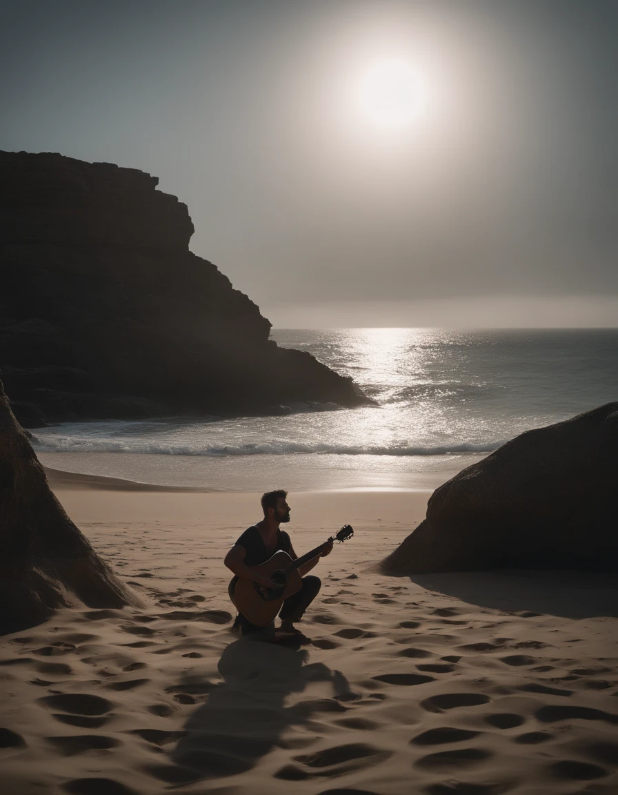 homem adulto, playing the guitar, linda noite, sentado na areia da praia, with a sad expression, uma lua gigantesca no fundo da imagem, noite estrelada, dramatic atmosphere, melancholic vibes, praia deserta e sombria, A hint of mist in the air, Soft sands sinking under the weight of thoughts --best quality --8K --ultra detailed --realistic --photorealistic