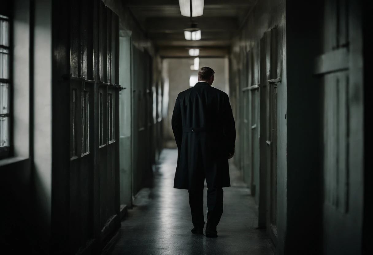 The prison guard walks in the middle of the prison hallway, darkness prison background